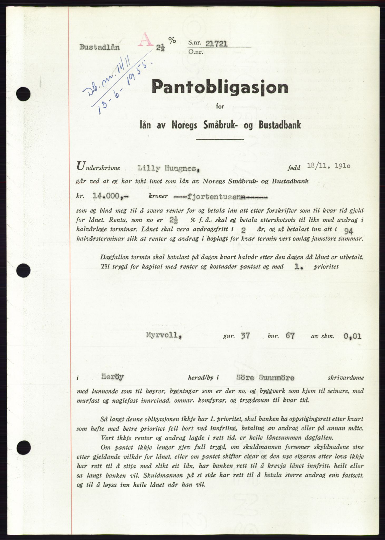 Søre Sunnmøre sorenskriveri, SAT/A-4122/1/2/2C/L0127: Pantebok nr. 15B, 1955-1955, Dagboknr: 1411/1955