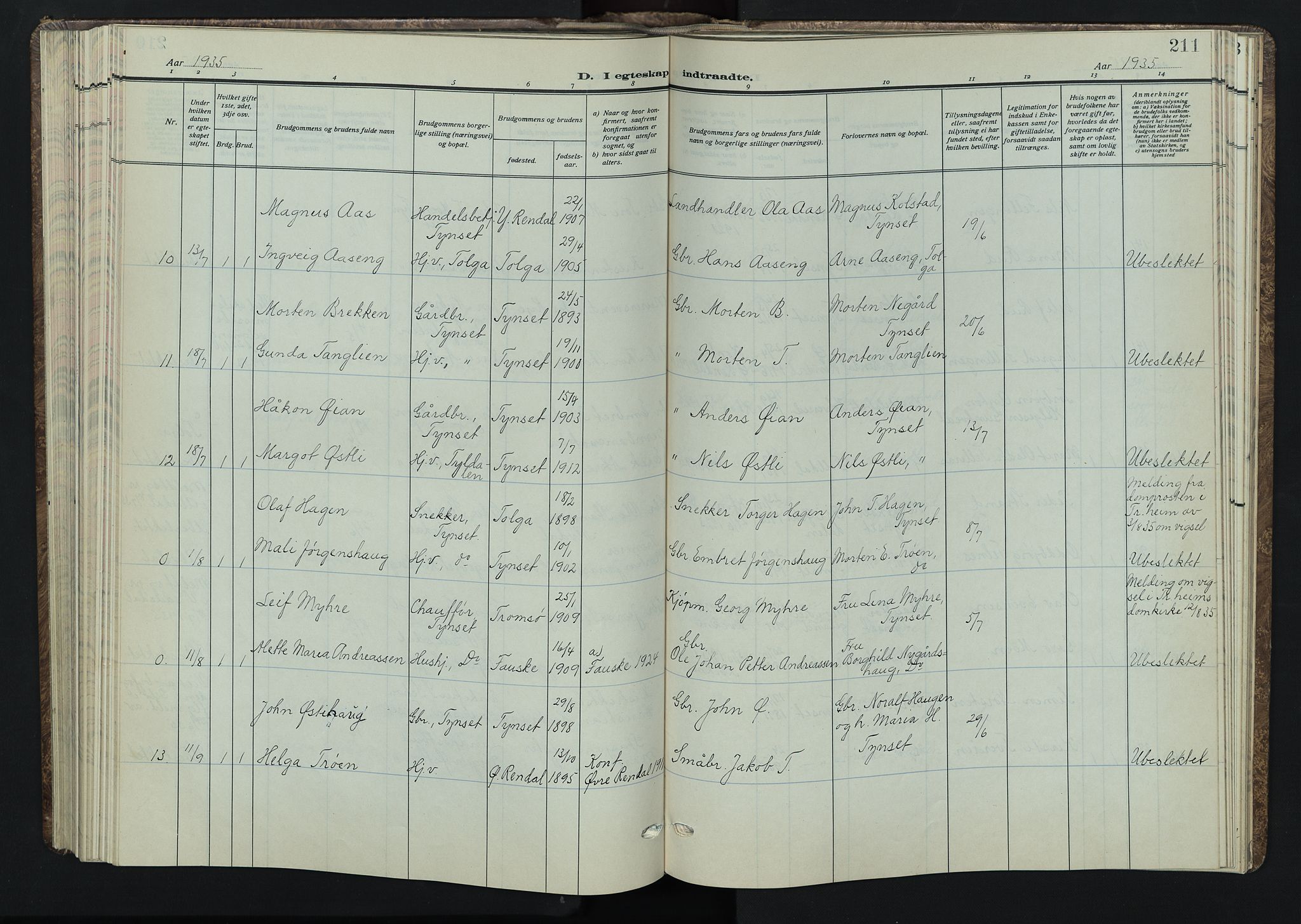 Tynset prestekontor, AV/SAH-PREST-058/H/Ha/Hab/L0012: Klokkerbok nr. 12, 1930-1944, s. 211