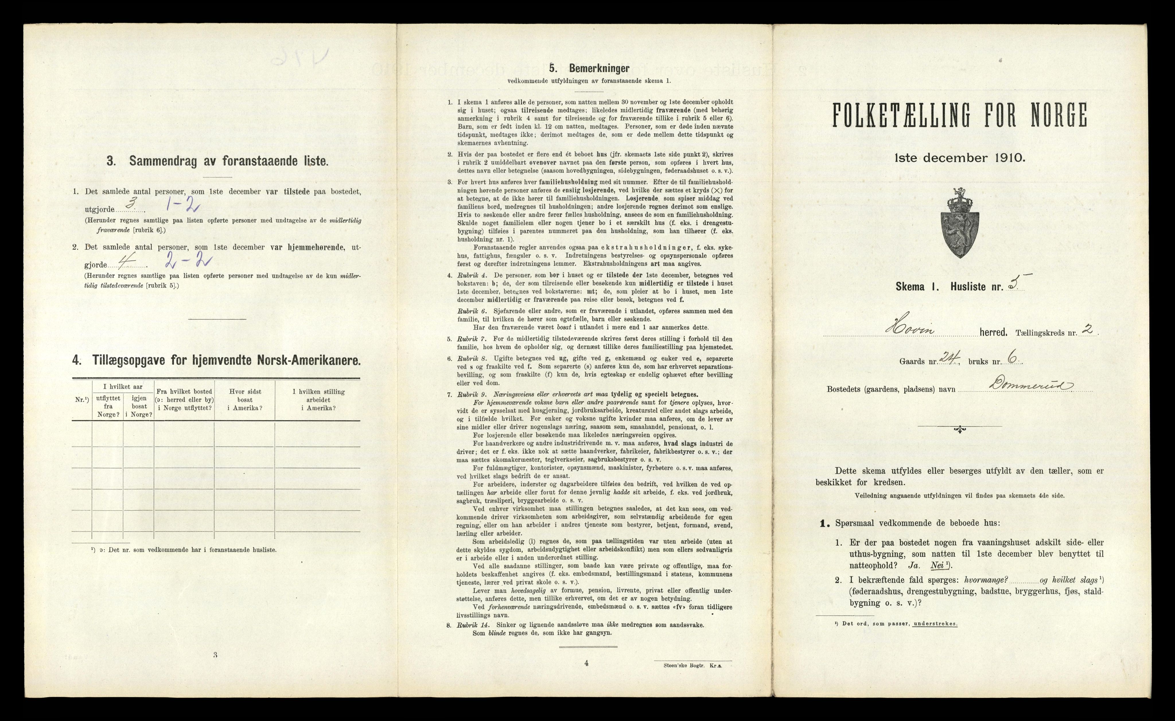 RA, Folketelling 1910 for 0825 Hovin herred, 1910, s. 196