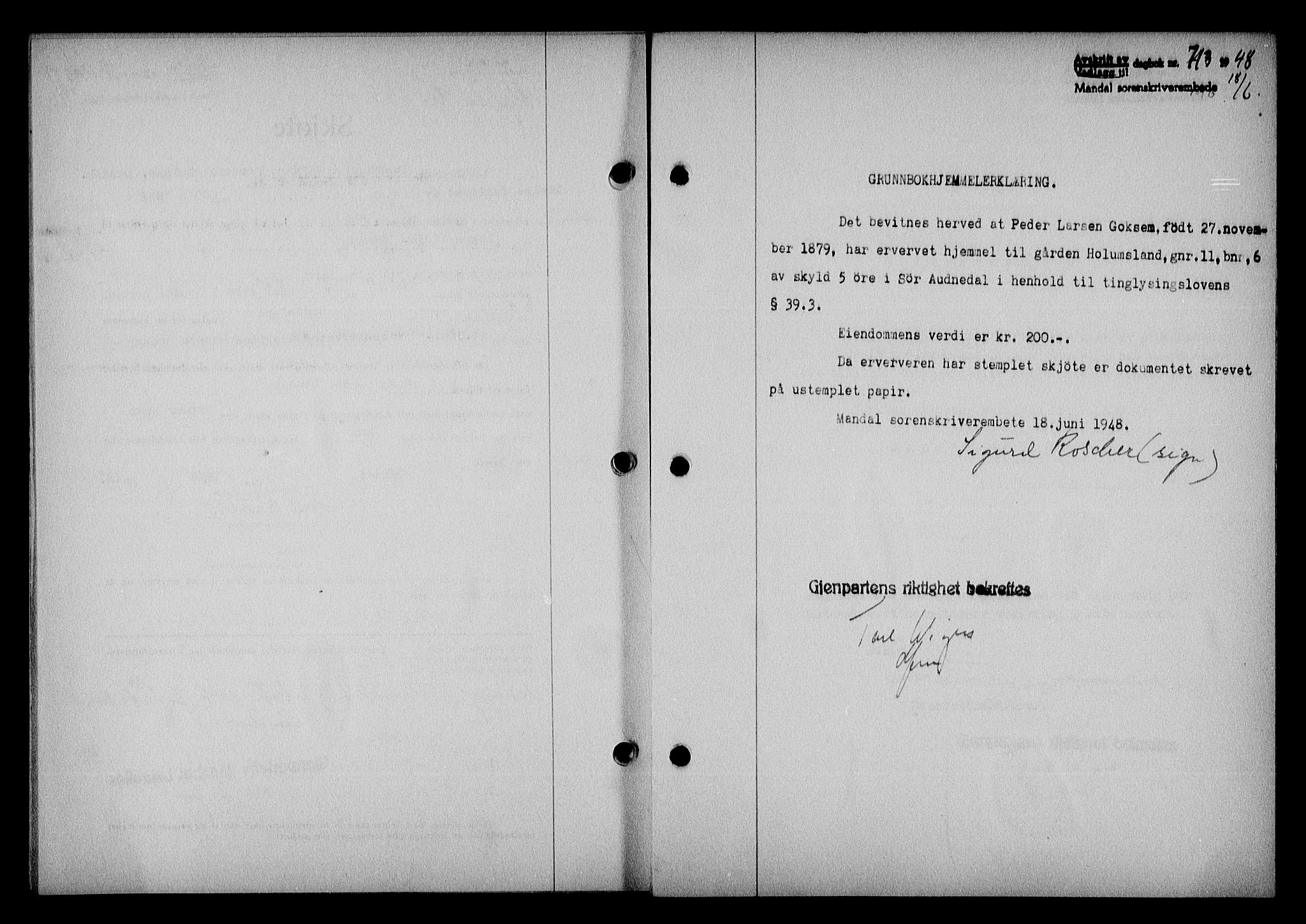 Mandal sorenskriveri, SAK/1221-0005/001/G/Gb/Gba/L0079: Pantebok nr. A-16, 1947-1948, Dagboknr: 713/1948