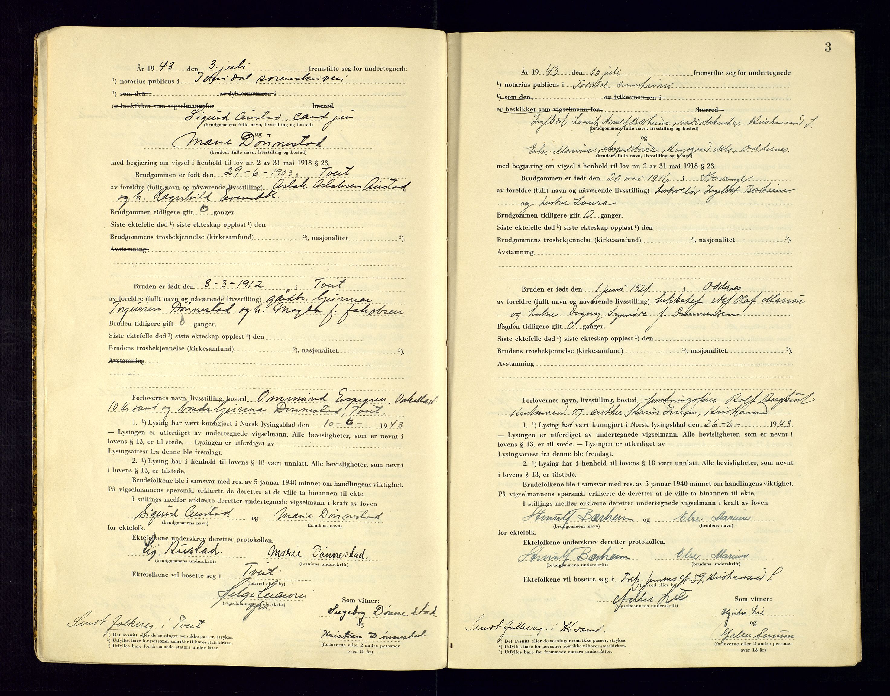 Torridal sorenskriveri, AV/SAK-1221-0012/L/Ld/L0004: Vigselbok nr. 2, 1943-1946, s. 3