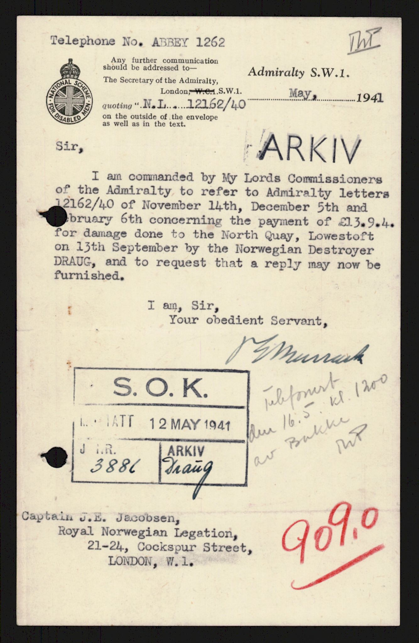 Forsvaret, Sjøforsvarets overkommando, AV/RA-RAFA-2035/D/Dc/L0305: --, 1940-1946, s. 907