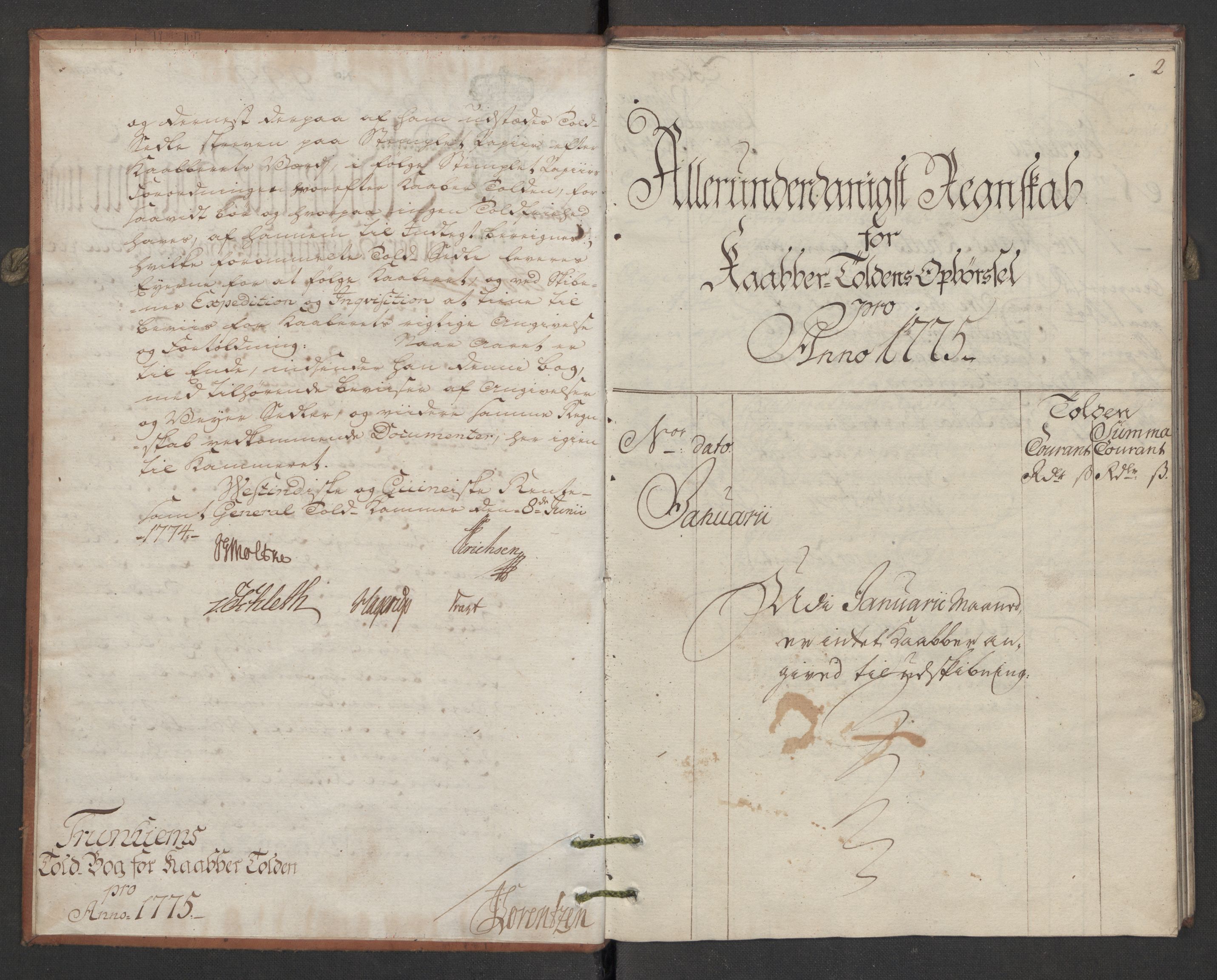 Generaltollkammeret, tollregnskaper, AV/RA-EA-5490/R34/L0025/0001: Koppertollregnskaper Trondheim B / Tollbok for koppertollen, 1775