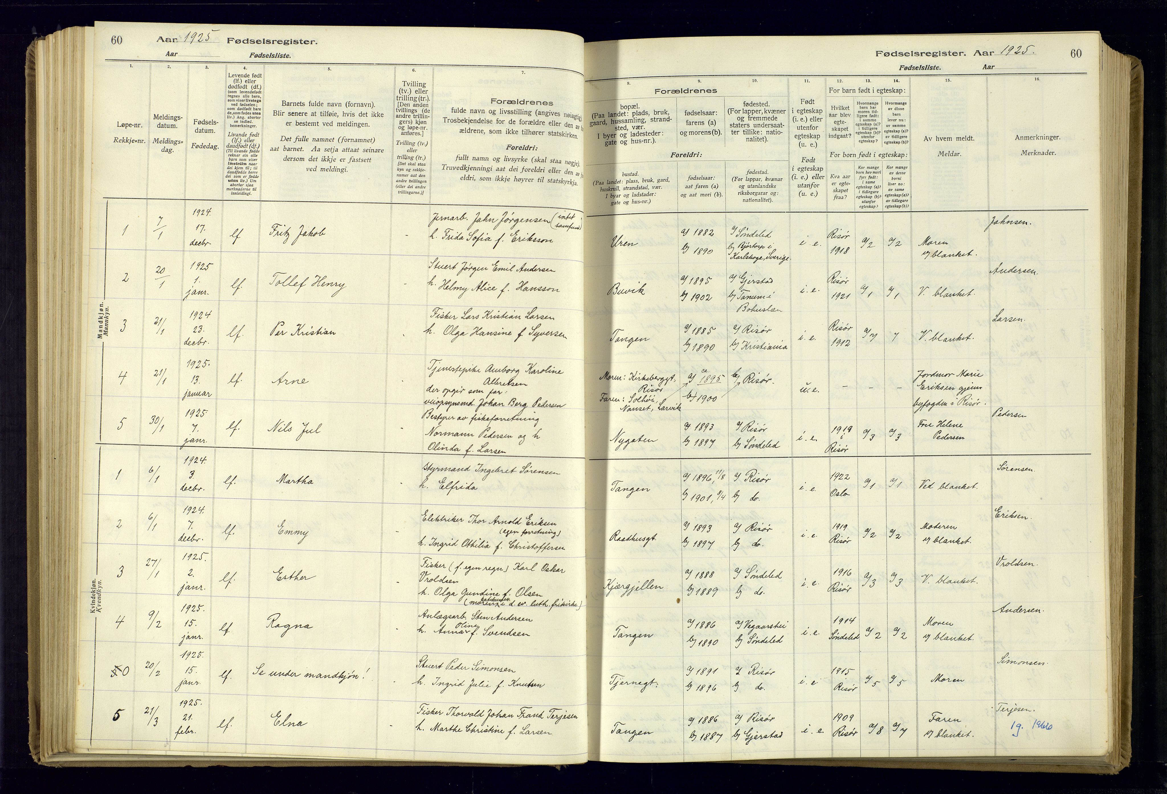 Risør sokneprestkontor, AV/SAK-1111-0035/J/Ja/L0001: Fødselsregister nr. A-VI-13, 1916-1947, s. 60