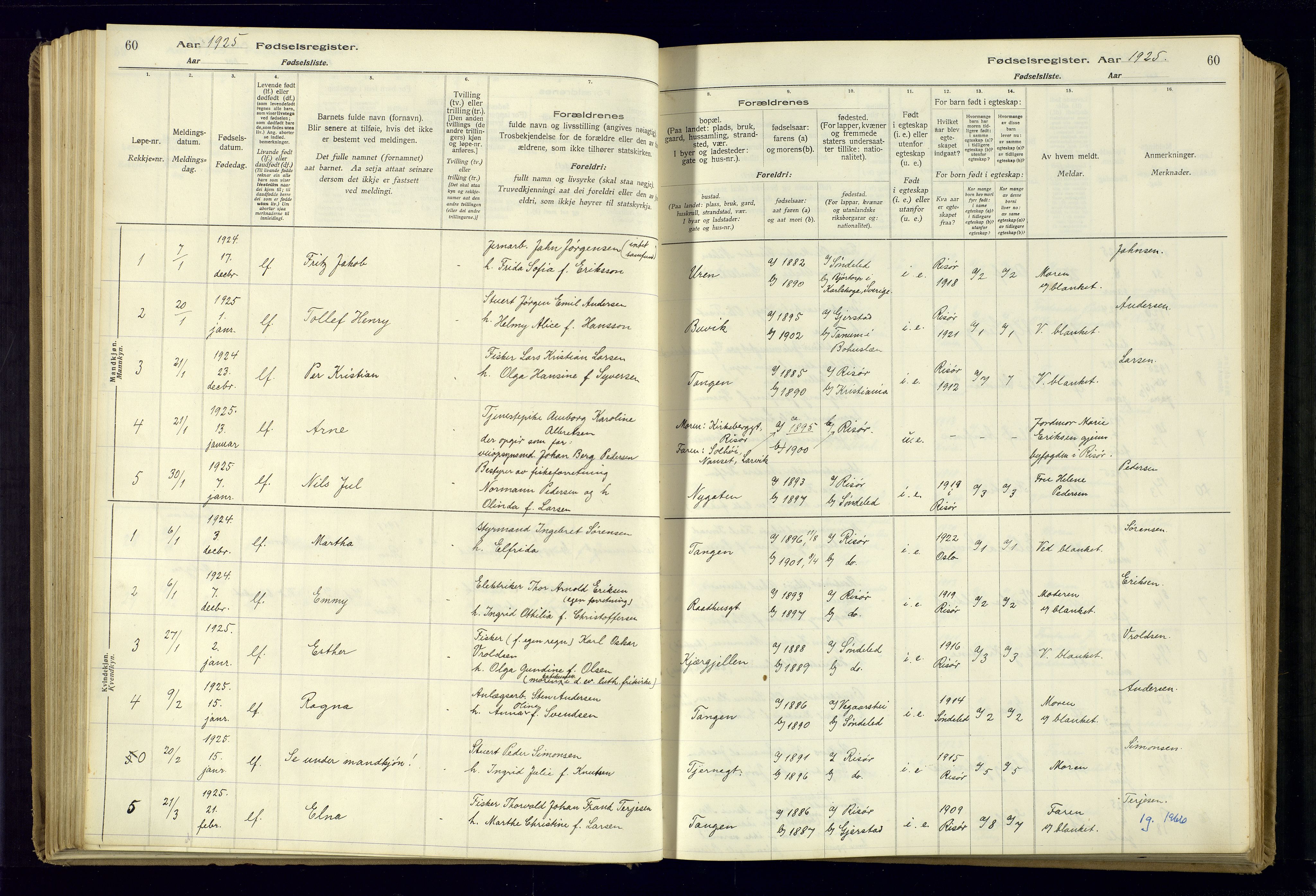 Risør sokneprestkontor, SAK/1111-0035/J/Ja/L0001: Fødselsregister nr. A-VI-13, 1916-1947, s. 60