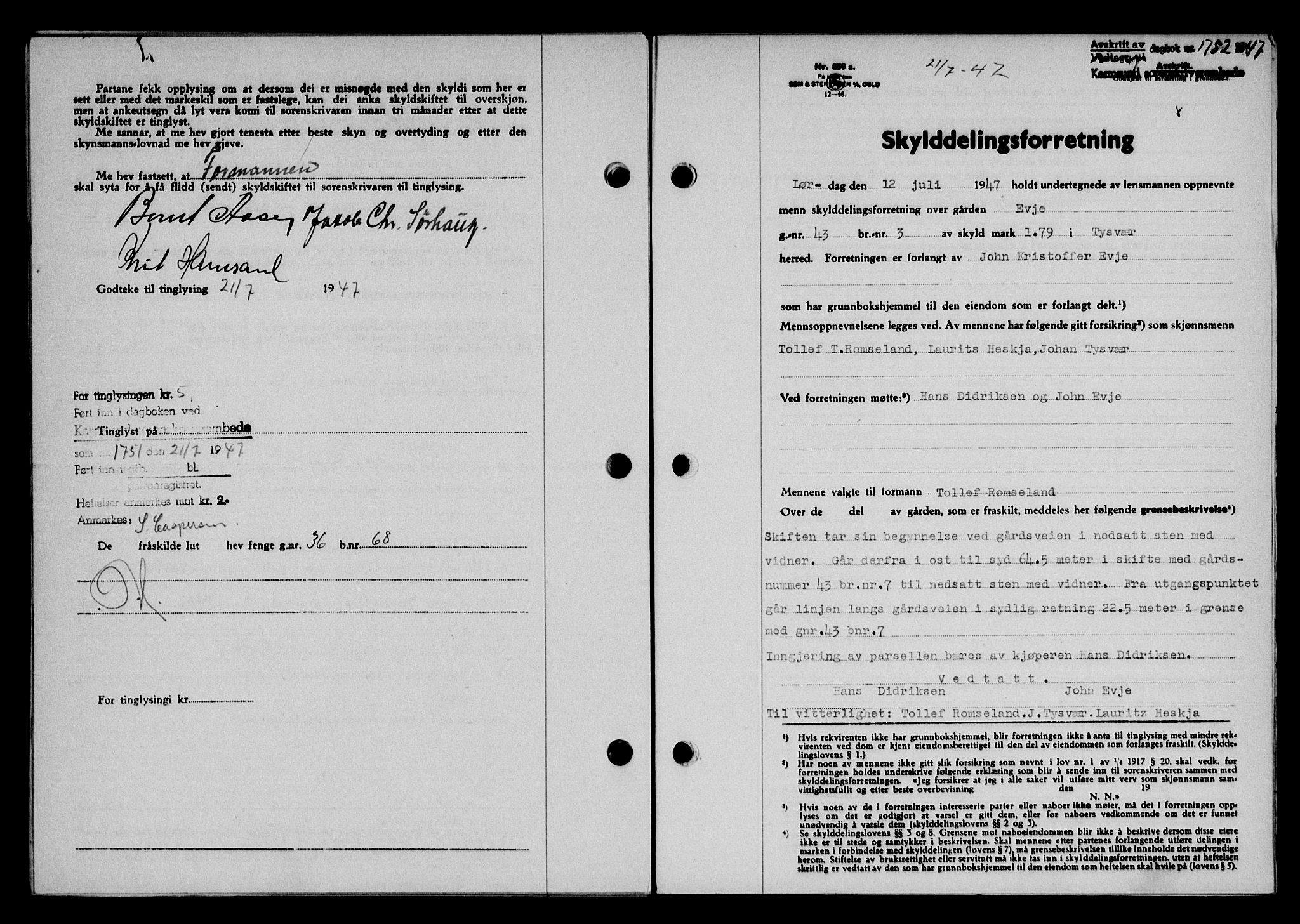 Karmsund sorenskriveri, SAST/A-100311/01/II/IIB/L0090: Pantebok nr. 70A, 1947-1947, Dagboknr: 1752/1947
