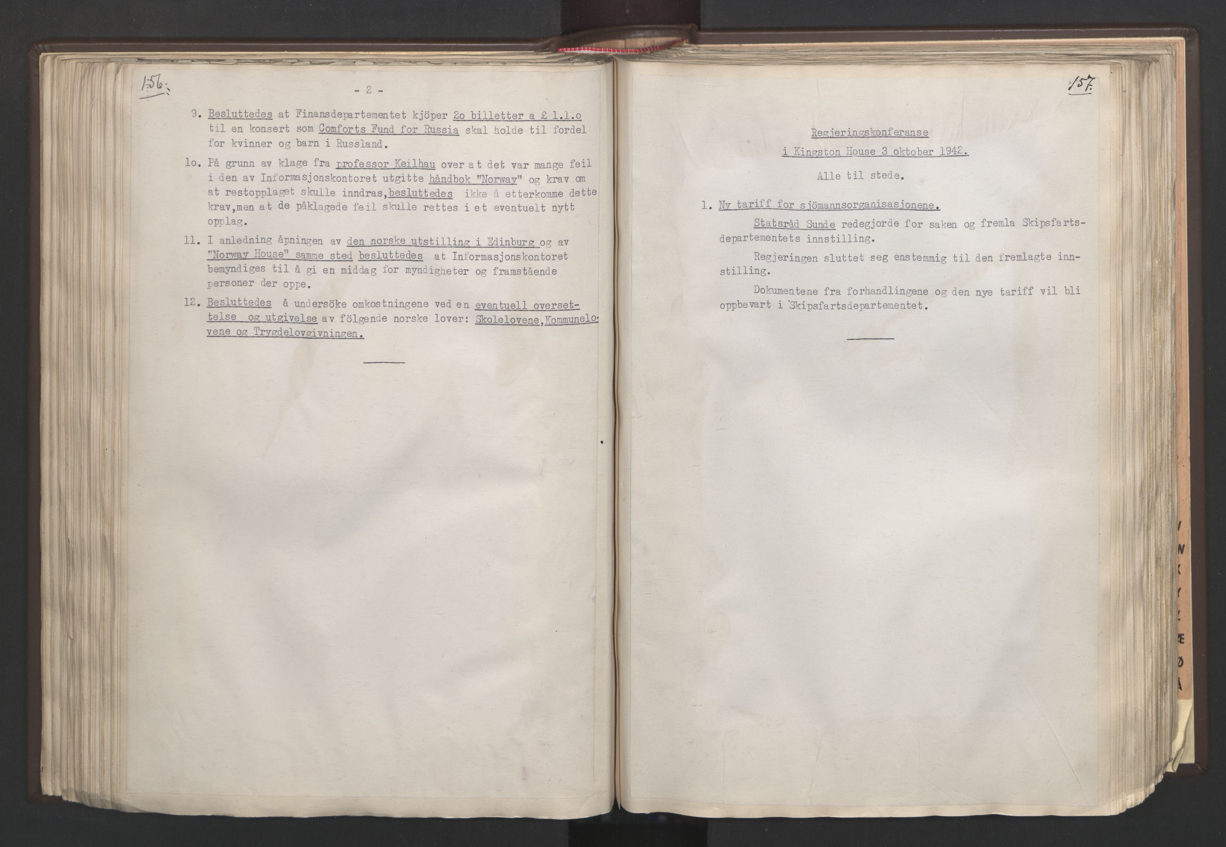 Statsministerens kontor, AV/RA-S-1005/A/Aa/L0002: Referat fra regjeringskonferanser, 1942-1943, s. 156-157