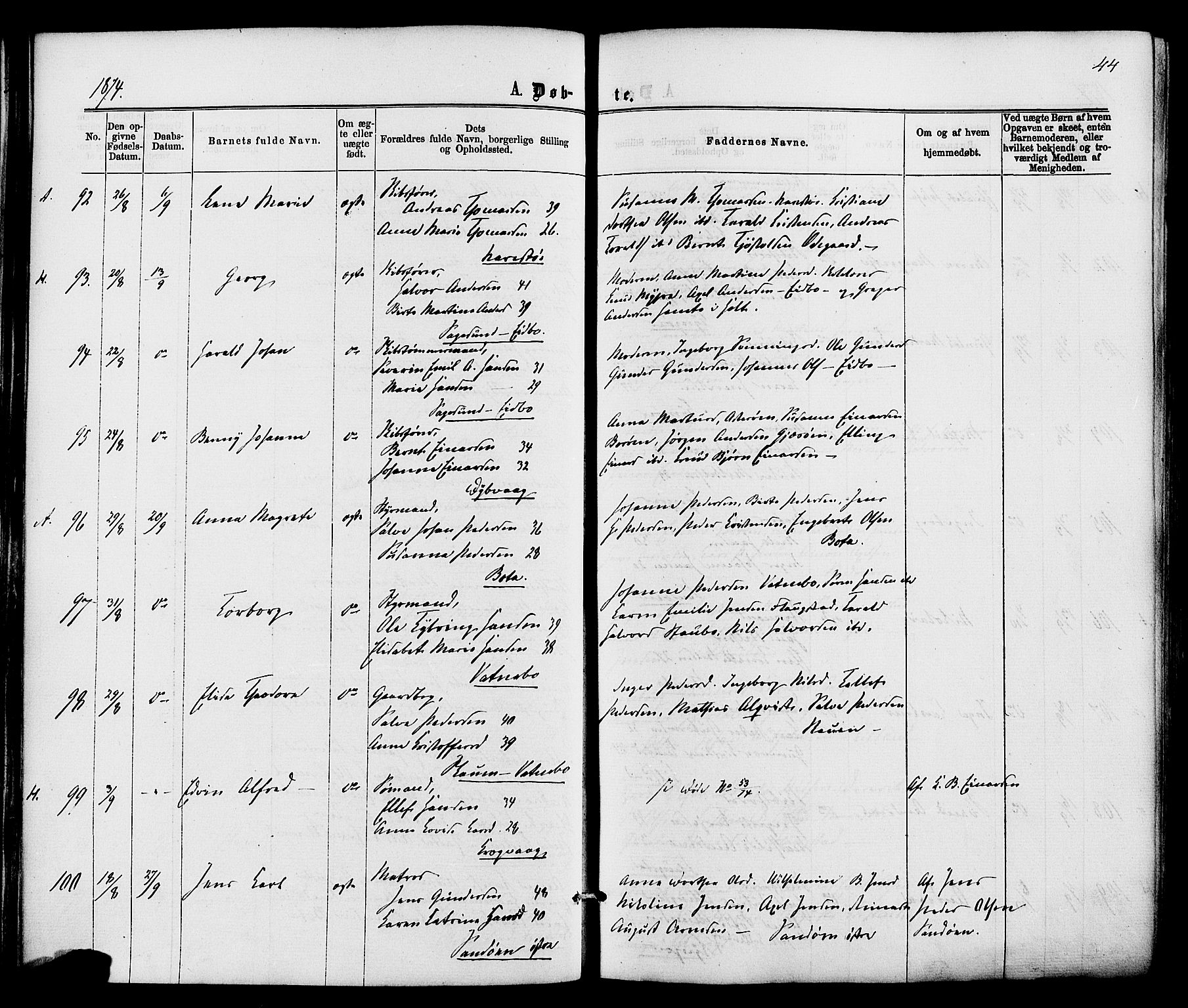 Dypvåg sokneprestkontor, AV/SAK-1111-0007/F/Fa/Faa/L0007: Ministerialbok nr. A 7/ 1, 1872-1884, s. 44