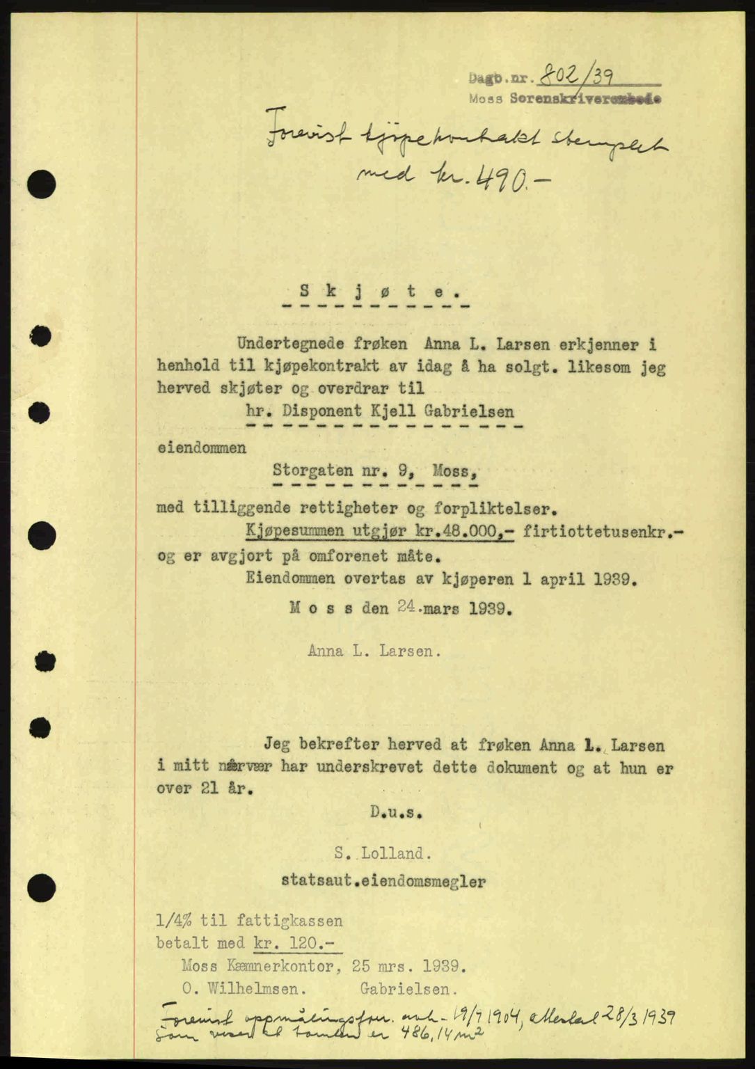 Moss sorenskriveri, SAO/A-10168: Pantebok nr. A5, 1938-1939, Dagboknr: 802/1939