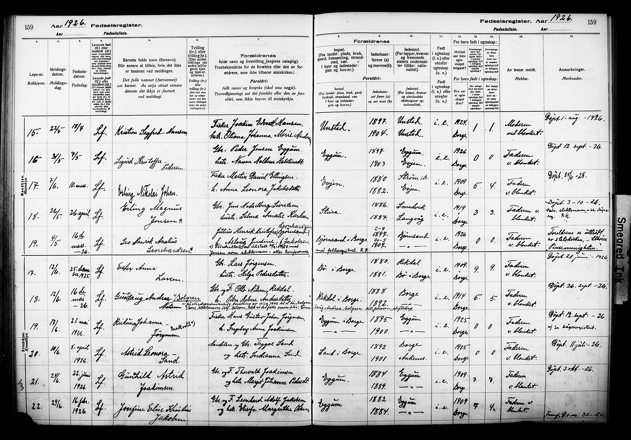 Ministerialprotokoller, klokkerbøker og fødselsregistre - Nordland, SAT/A-1459/880/L1145: Fødselsregister nr. 880.II.4.1, 1916-1929, s. 159