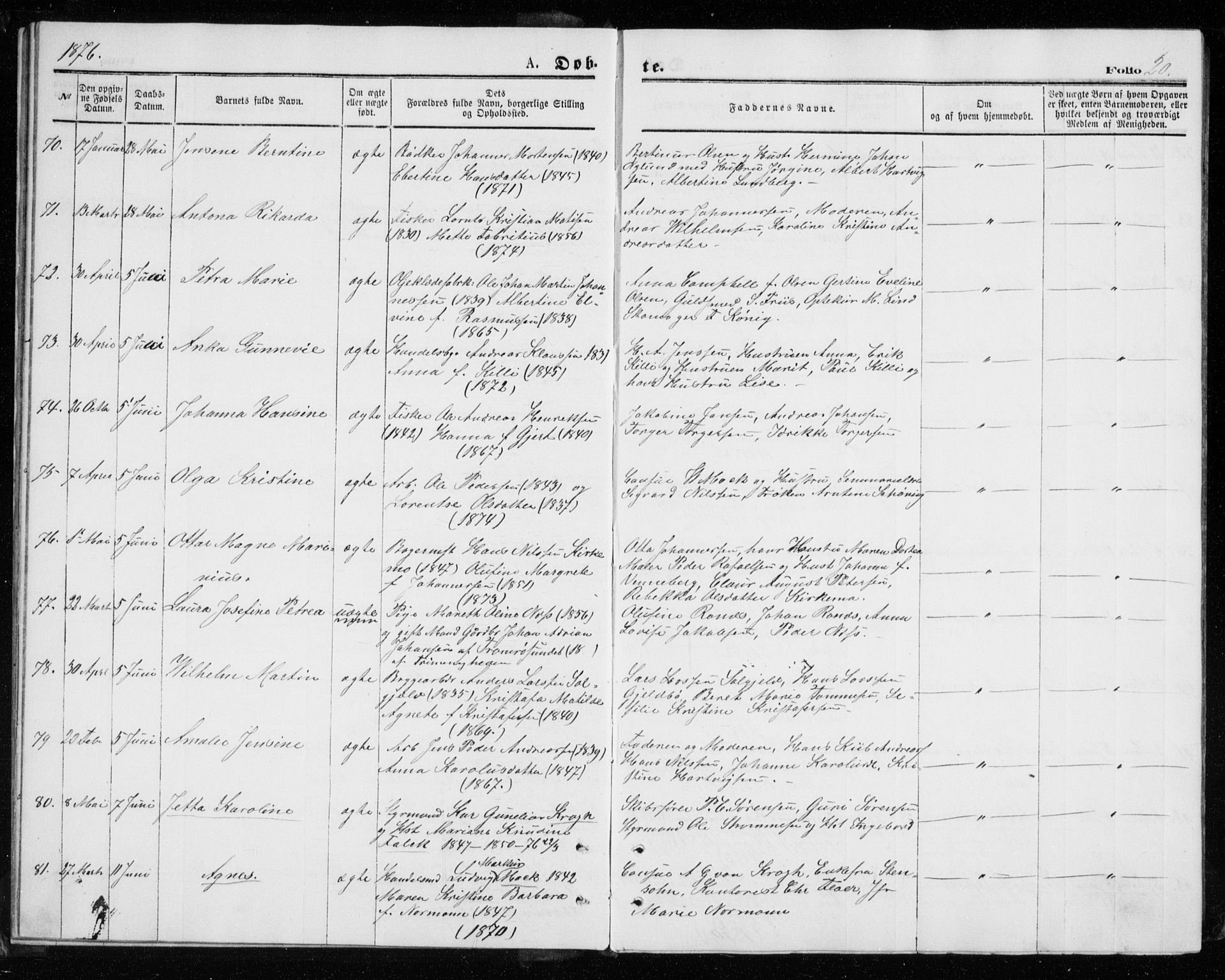 Tromsø sokneprestkontor/stiftsprosti/domprosti, AV/SATØ-S-1343/G/Gb/L0008klokker: Klokkerbok nr. 8, 1875-1879, s. 20
