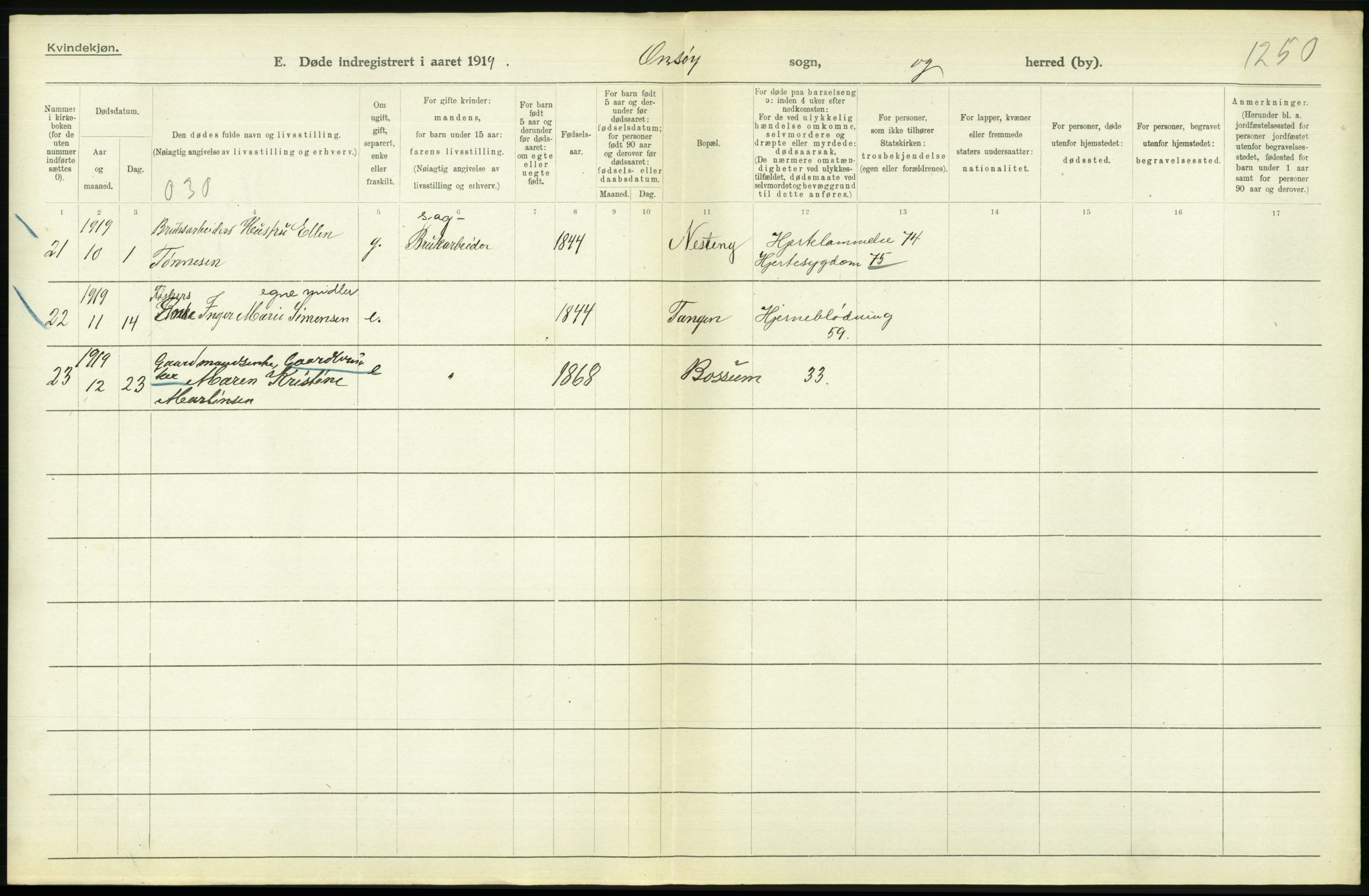 Statistisk sentralbyrå, Sosiodemografiske emner, Befolkning, RA/S-2228/D/Df/Dfb/Dfbi/L0003: Østfold fylke: Døde. Bygder og byer., 1919