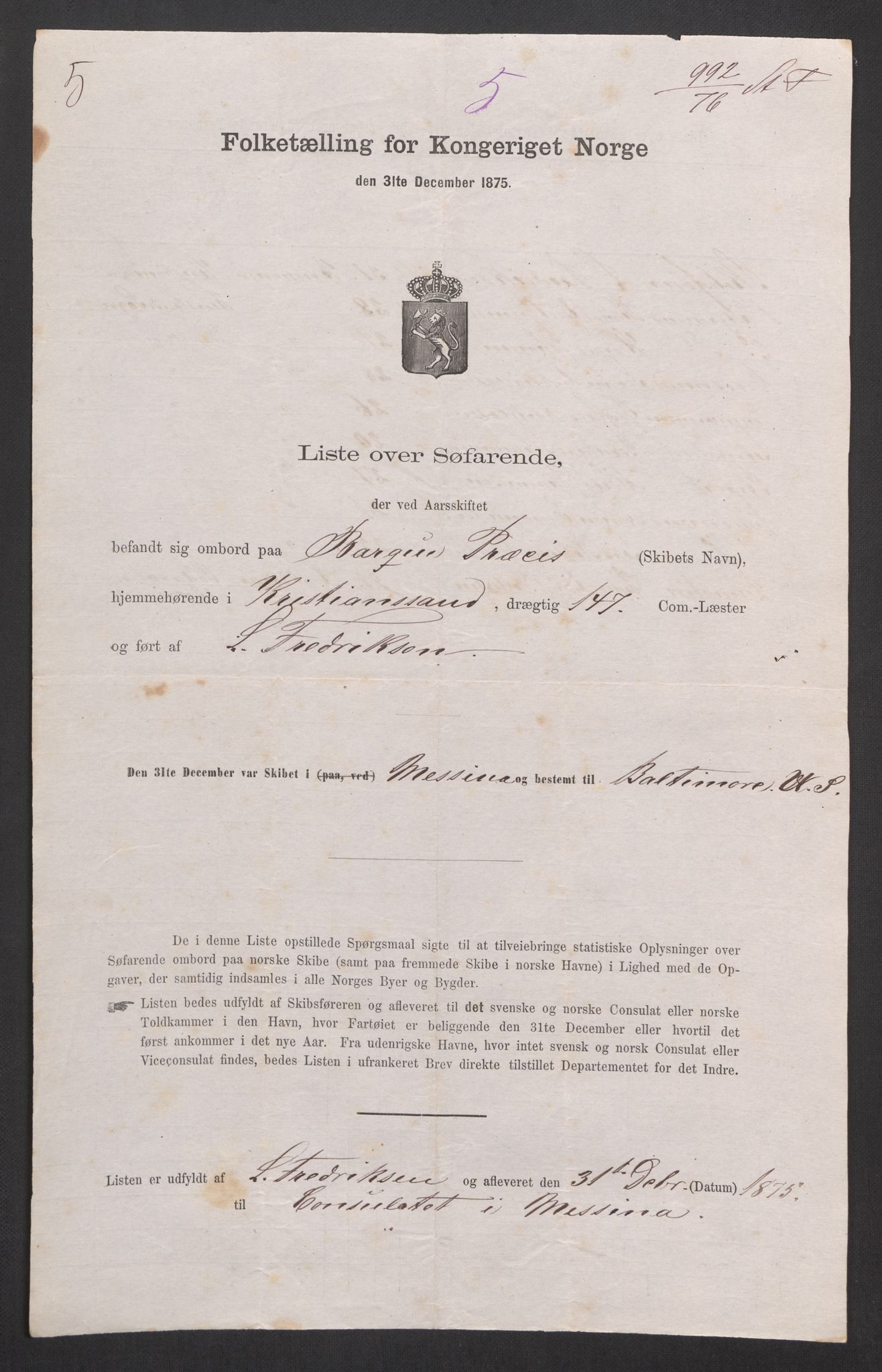 RA, Folketelling 1875, skipslister: Skip i utenrikske havner, hjemmehørende i 1) byer og ladesteder, Grimstad - Tromsø, 2) landdistrikter, 1875, s. 244