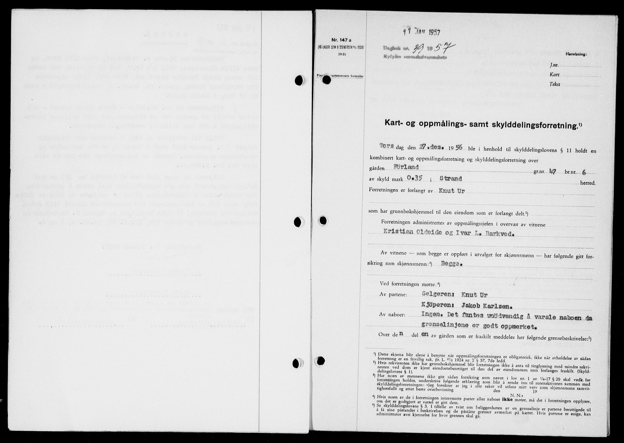 Ryfylke tingrett, SAST/A-100055/001/II/IIB/L0135: Pantebok nr. 114, 1956-1957, Dagboknr: 39/1957