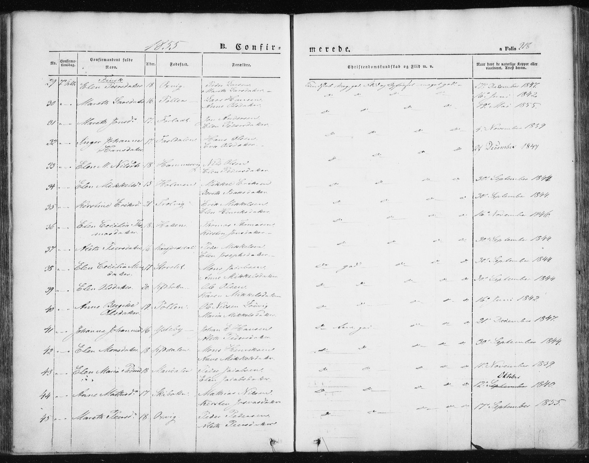 Lyngen sokneprestembete, AV/SATØ-S-1289/H/He/Hea/L0004kirke: Ministerialbok nr. 4, 1839-1858, s. 218
