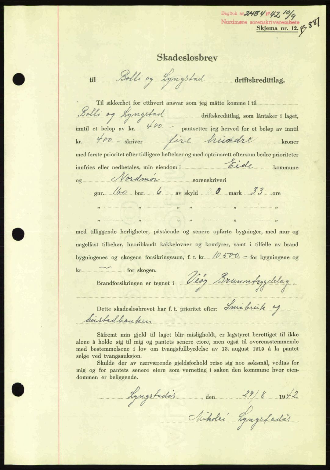 Nordmøre sorenskriveri, AV/SAT-A-4132/1/2/2Ca: Pantebok nr. B89, 1942-1942, Dagboknr: 2484/1942