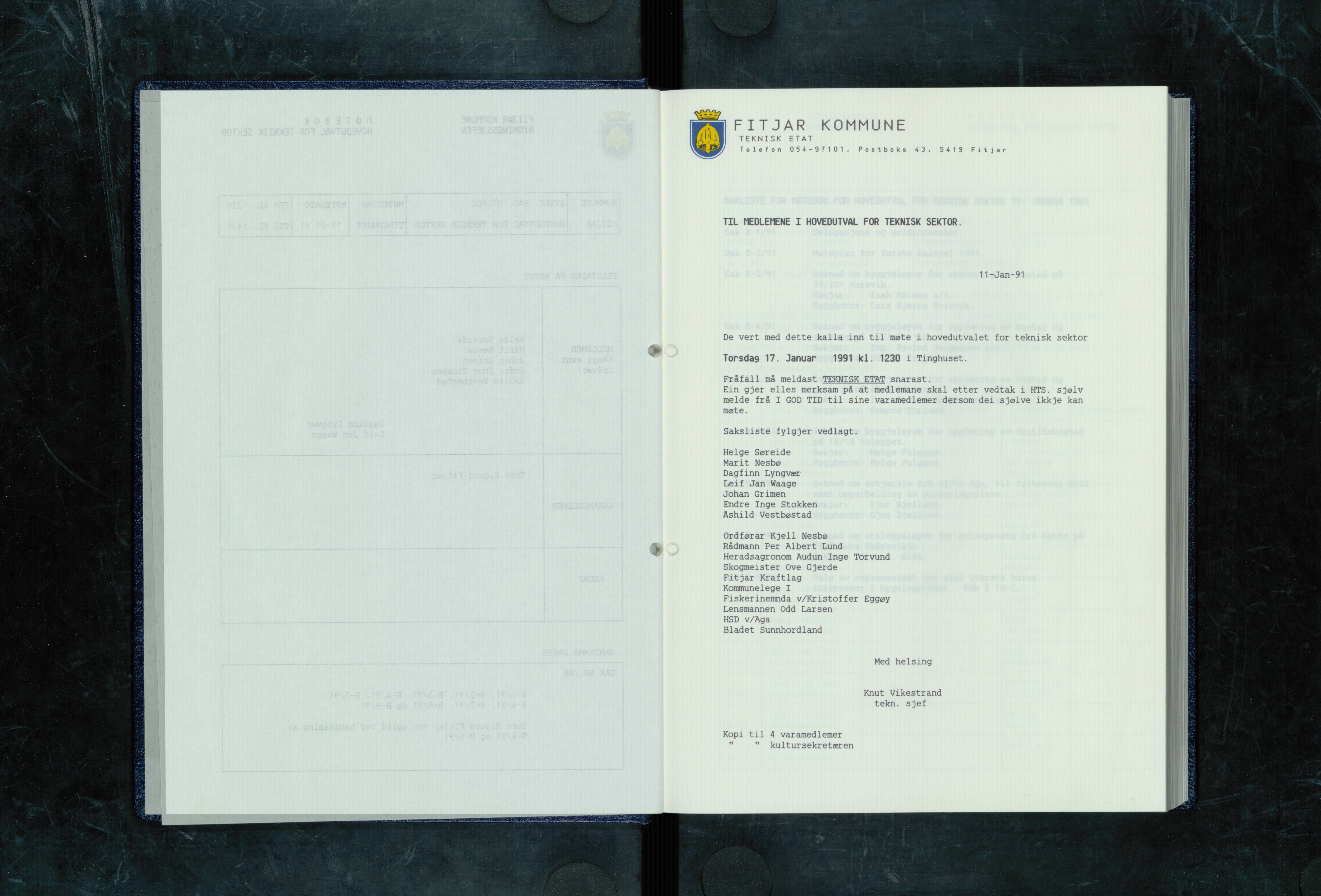 Fitjar kommune. Hovudutval for teknisk sektor, IKAH/1222-510/A/Aa/L0006: Møtebok for Fitjar hovudutval for teknisk sektor, 1991
