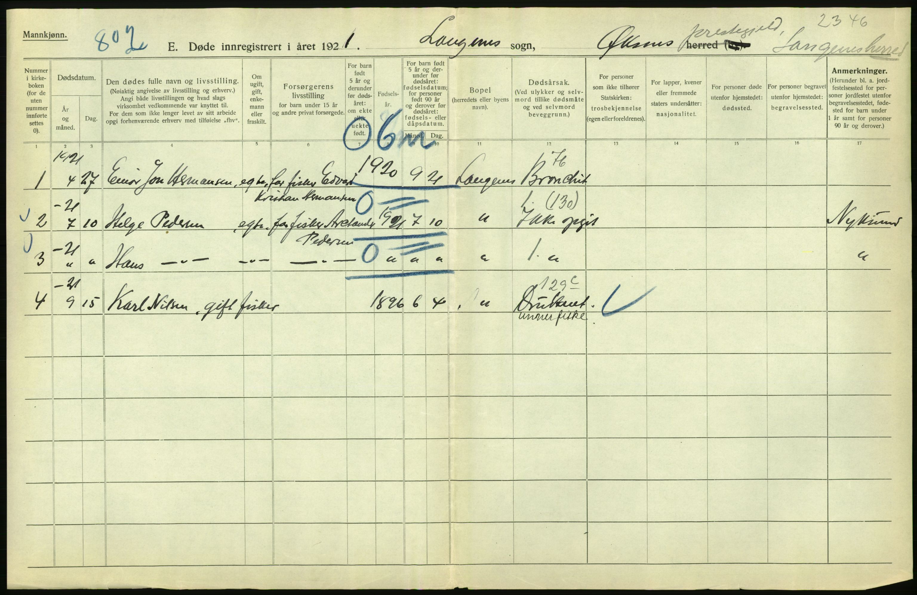 Statistisk sentralbyrå, Sosiodemografiske emner, Befolkning, AV/RA-S-2228/D/Df/Dfc/Dfca/L0051: Nordland fylke: Døde. Bygder og byer., 1921