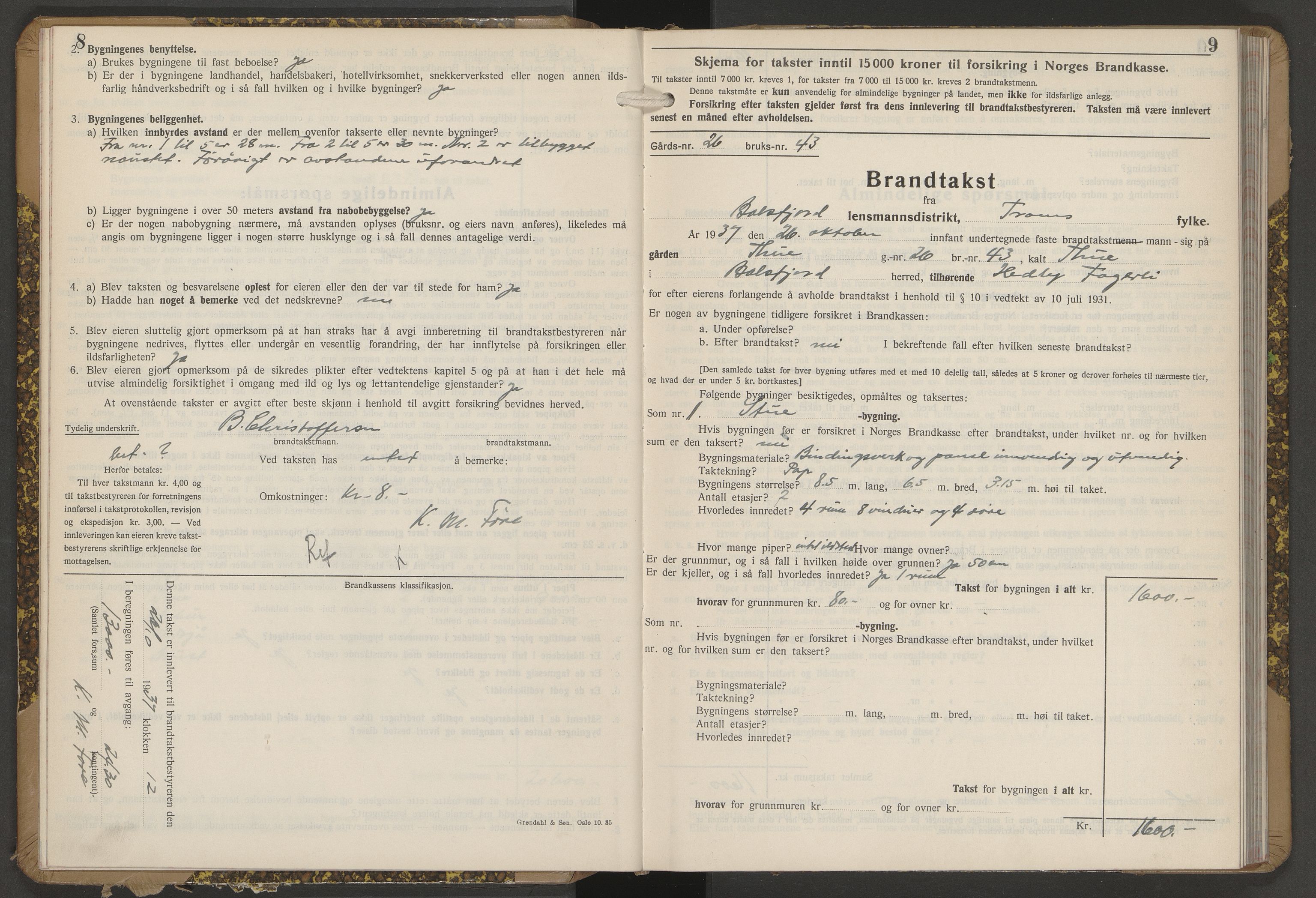 Lensmannen i Balsfjord, AV/SATØ-S-0085/Hf/Hfb/L0192: Branntakstprotokoller 1873-1979. Med register, 1937-1939