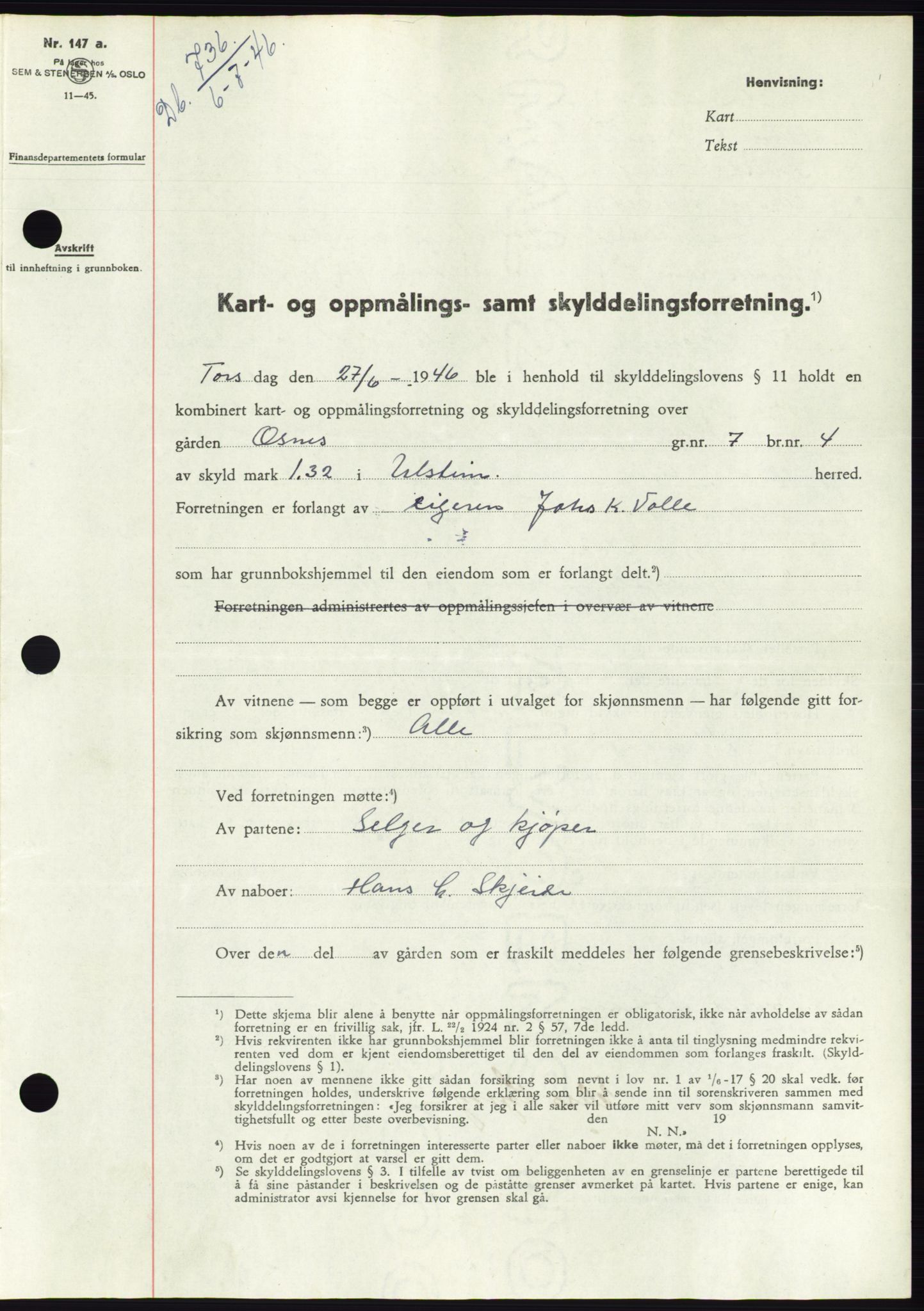 Søre Sunnmøre sorenskriveri, SAT/A-4122/1/2/2C/L0078: Pantebok nr. 4A, 1946-1946, Dagboknr: 736/1946