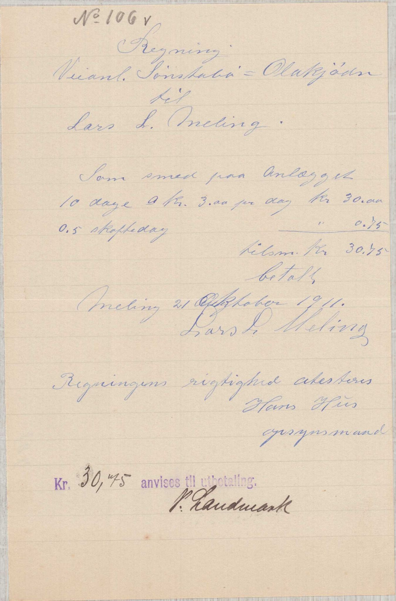 Finnaas kommune. Formannskapet, IKAH/1218a-021/E/Ea/L0001/0006: Rekneskap for veganlegg / Rekneskap for veganlegget Sønstabø - Olakjødn, 1909-1914, s. 86