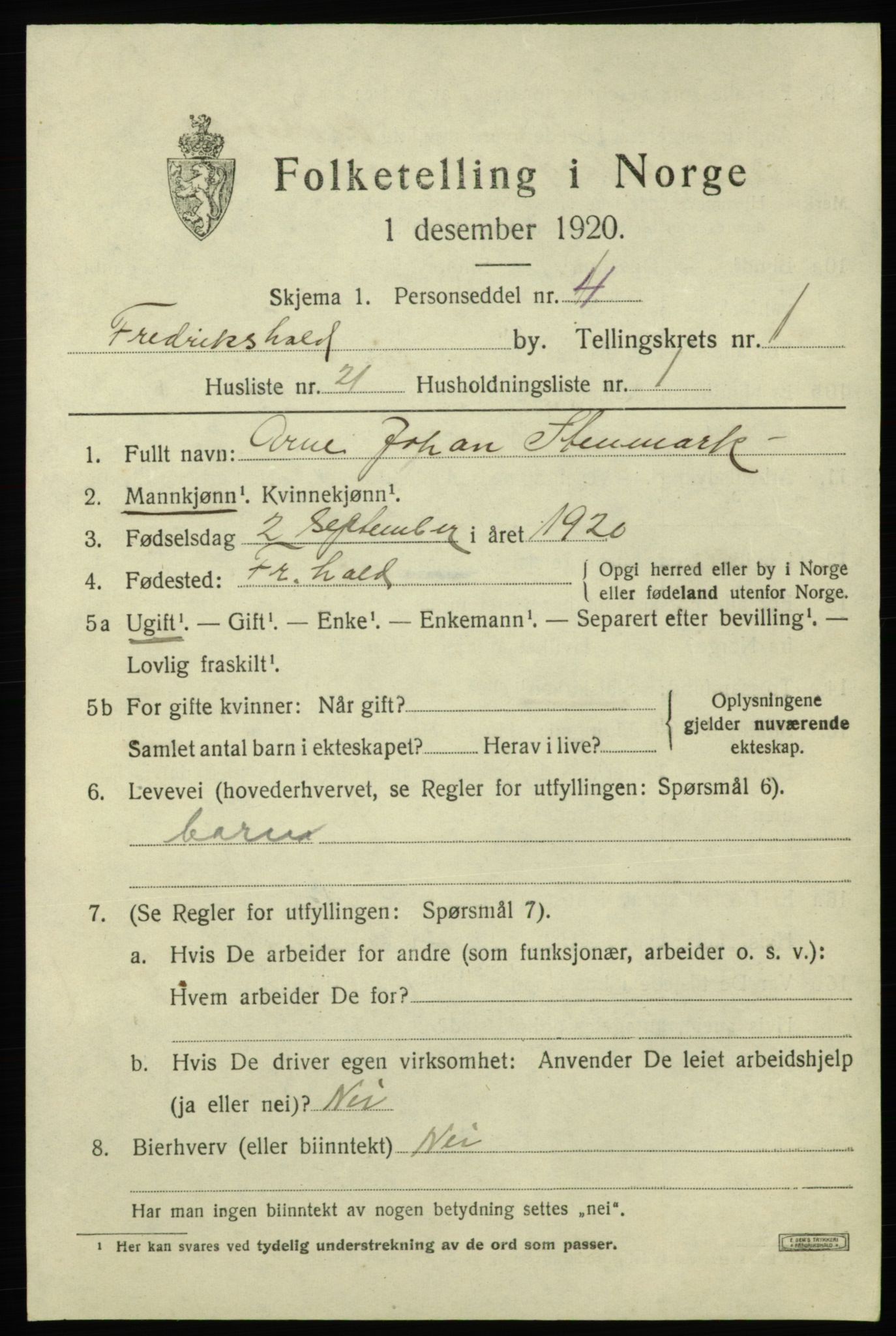 SAO, Folketelling 1920 for 0101 Fredrikshald kjøpstad, 1920, s. 8400