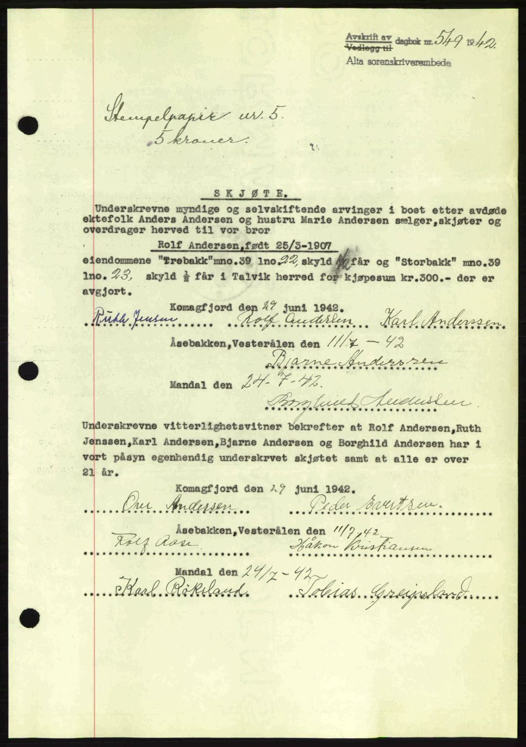 Alta fogderi/sorenskriveri, SATØ/SATØ-5/1/K/Kd/L0033pantebok: Pantebok nr. 33, 1940-1943, Dagboknr: 549/1942
