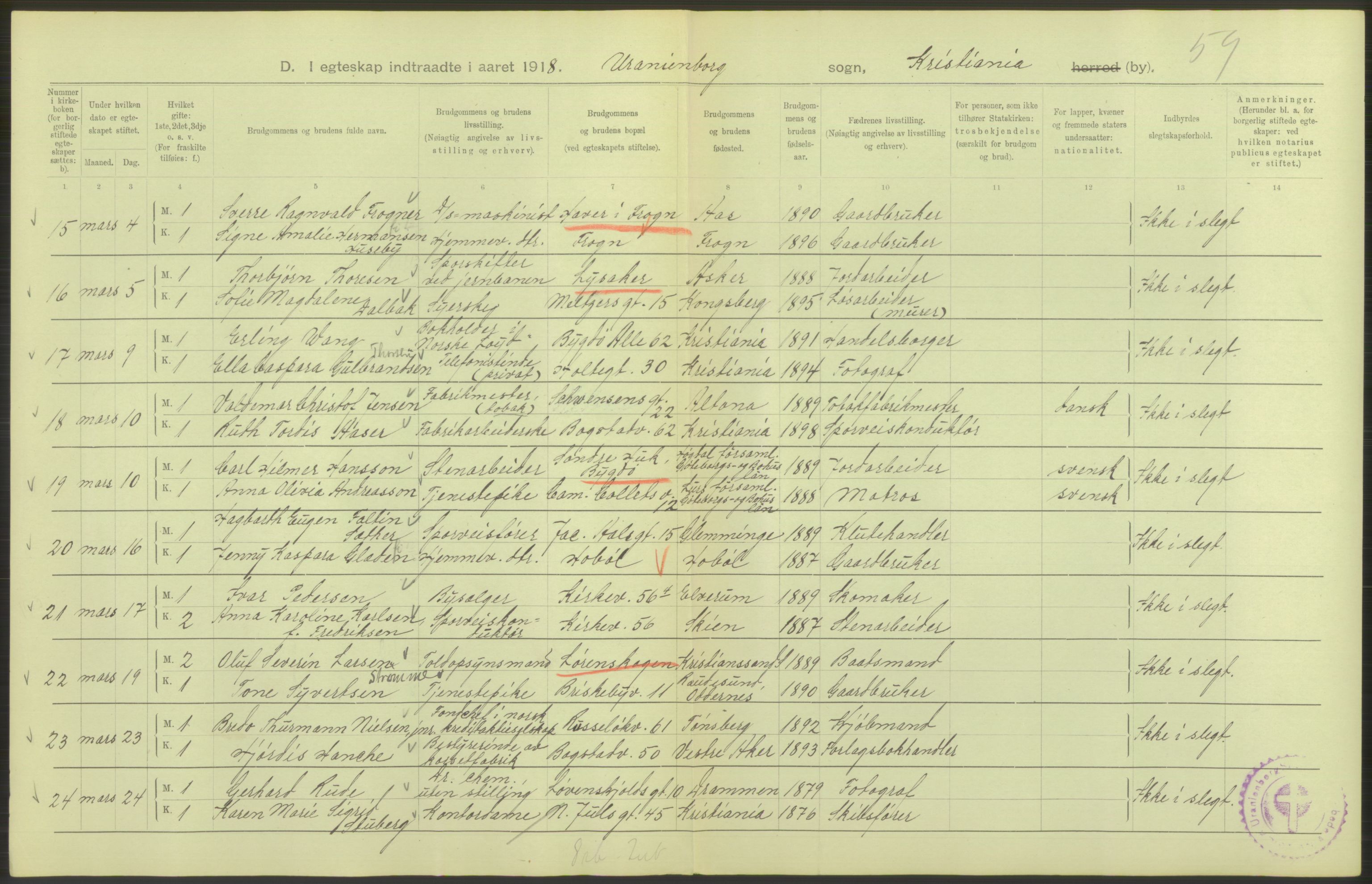 Statistisk sentralbyrå, Sosiodemografiske emner, Befolkning, AV/RA-S-2228/D/Df/Dfb/Dfbh/L0009: Kristiania: Gifte, 1918, s. 6