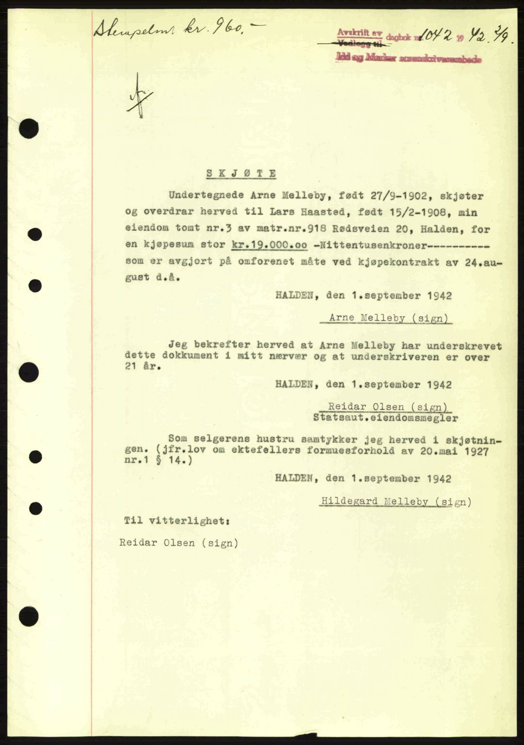 Idd og Marker sorenskriveri, AV/SAO-A-10283/G/Gb/Gbb/L0005: Pantebok nr. A5, 1941-1943, Dagboknr: 1042/1942