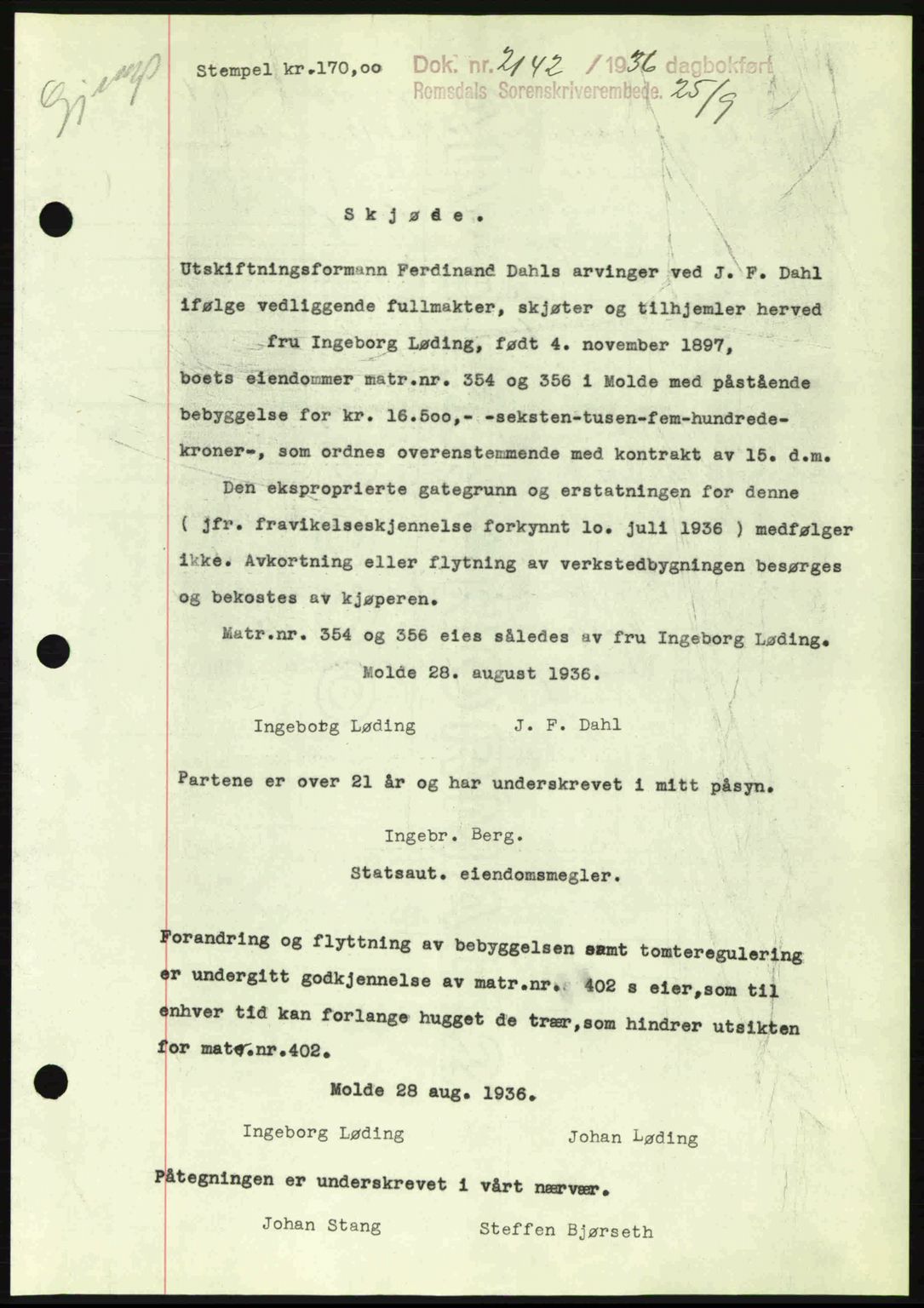 Romsdal sorenskriveri, SAT/A-4149/1/2/2C: Pantebok nr. A2, 1936-1937, Dagboknr: 2142/1936