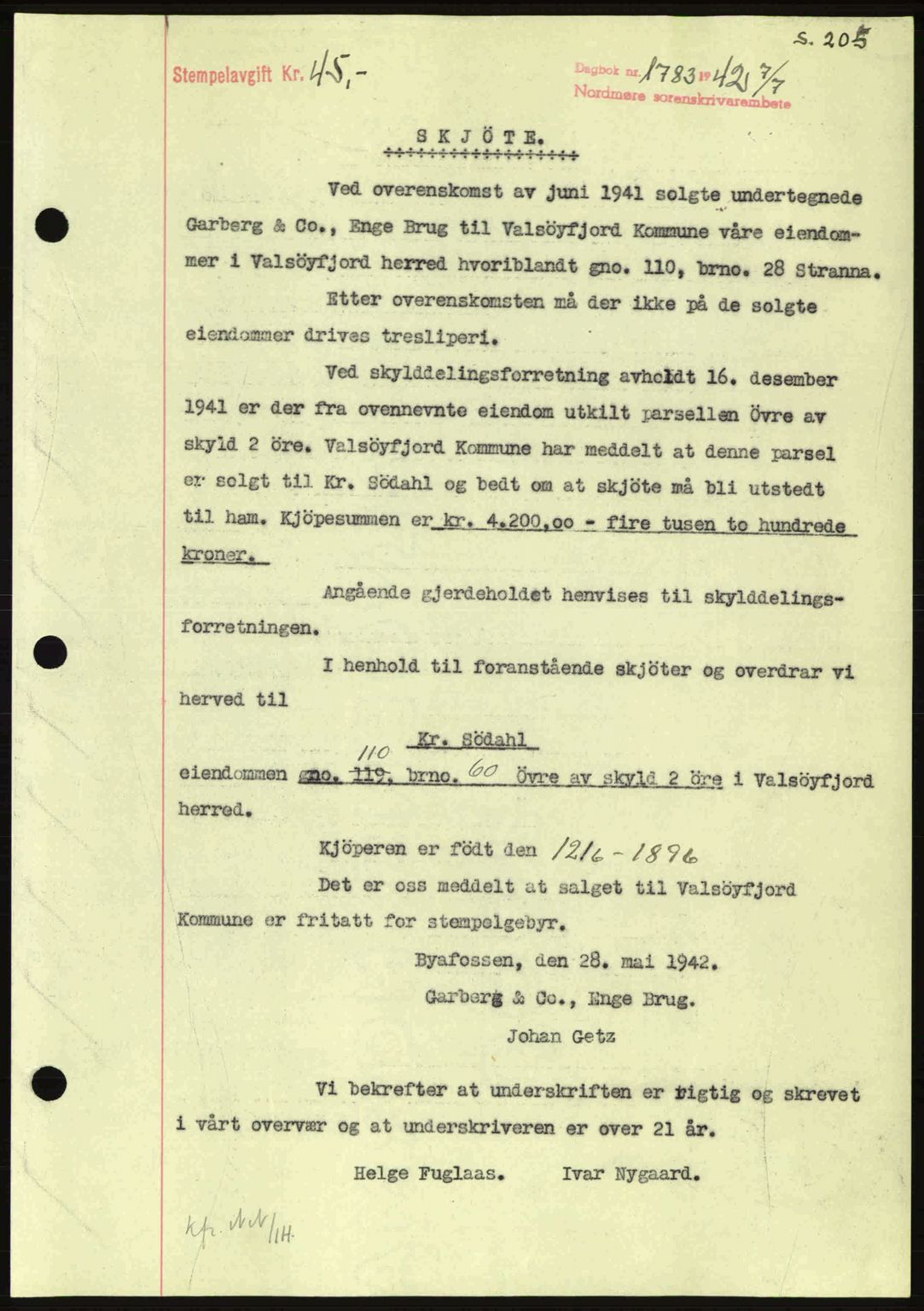 Nordmøre sorenskriveri, SAT/A-4132/1/2/2Ca: Pantebok nr. A93, 1942-1942, Dagboknr: 1783/1942