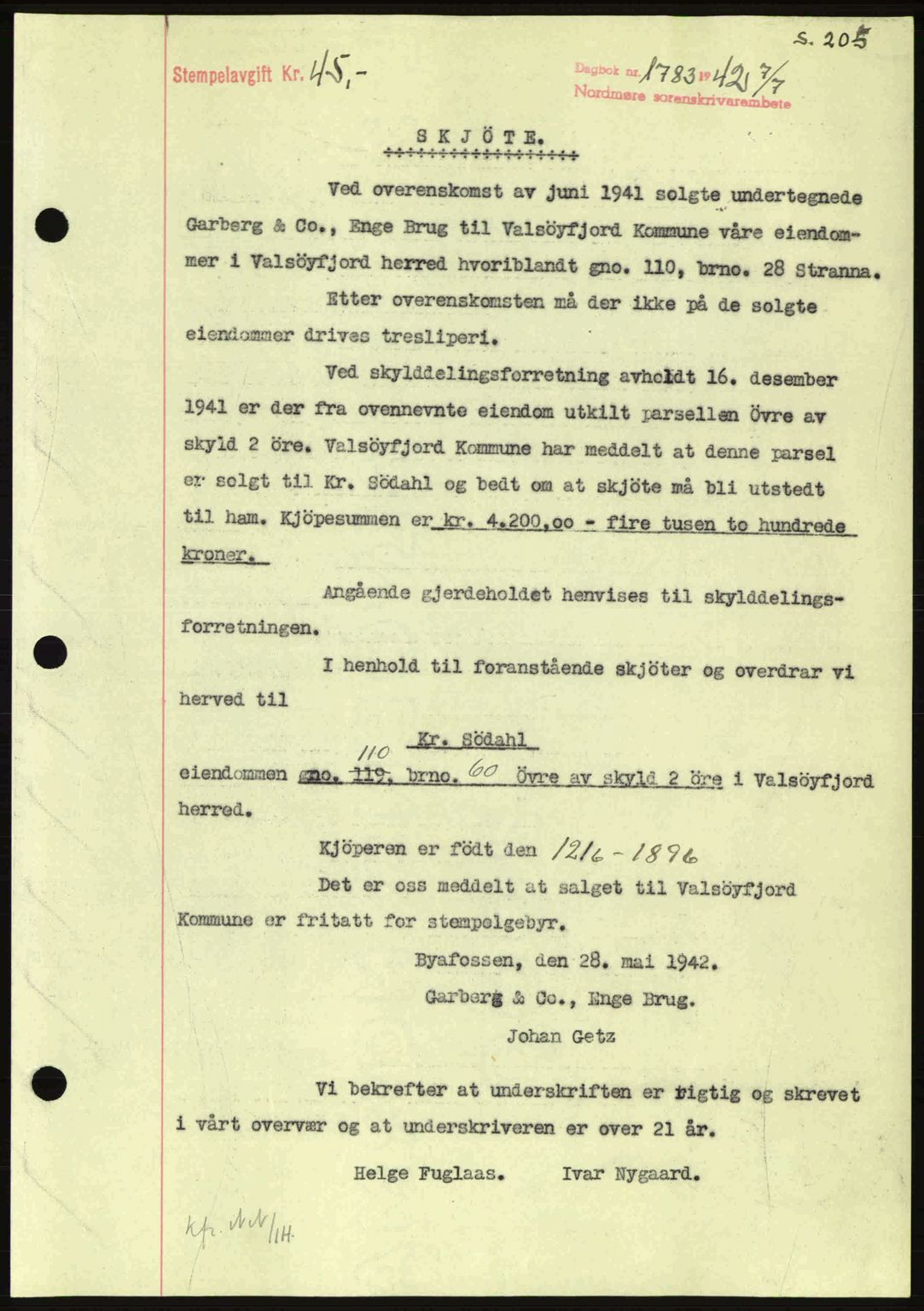 Nordmøre sorenskriveri, AV/SAT-A-4132/1/2/2Ca: Pantebok nr. A93, 1942-1942, Dagboknr: 1783/1942