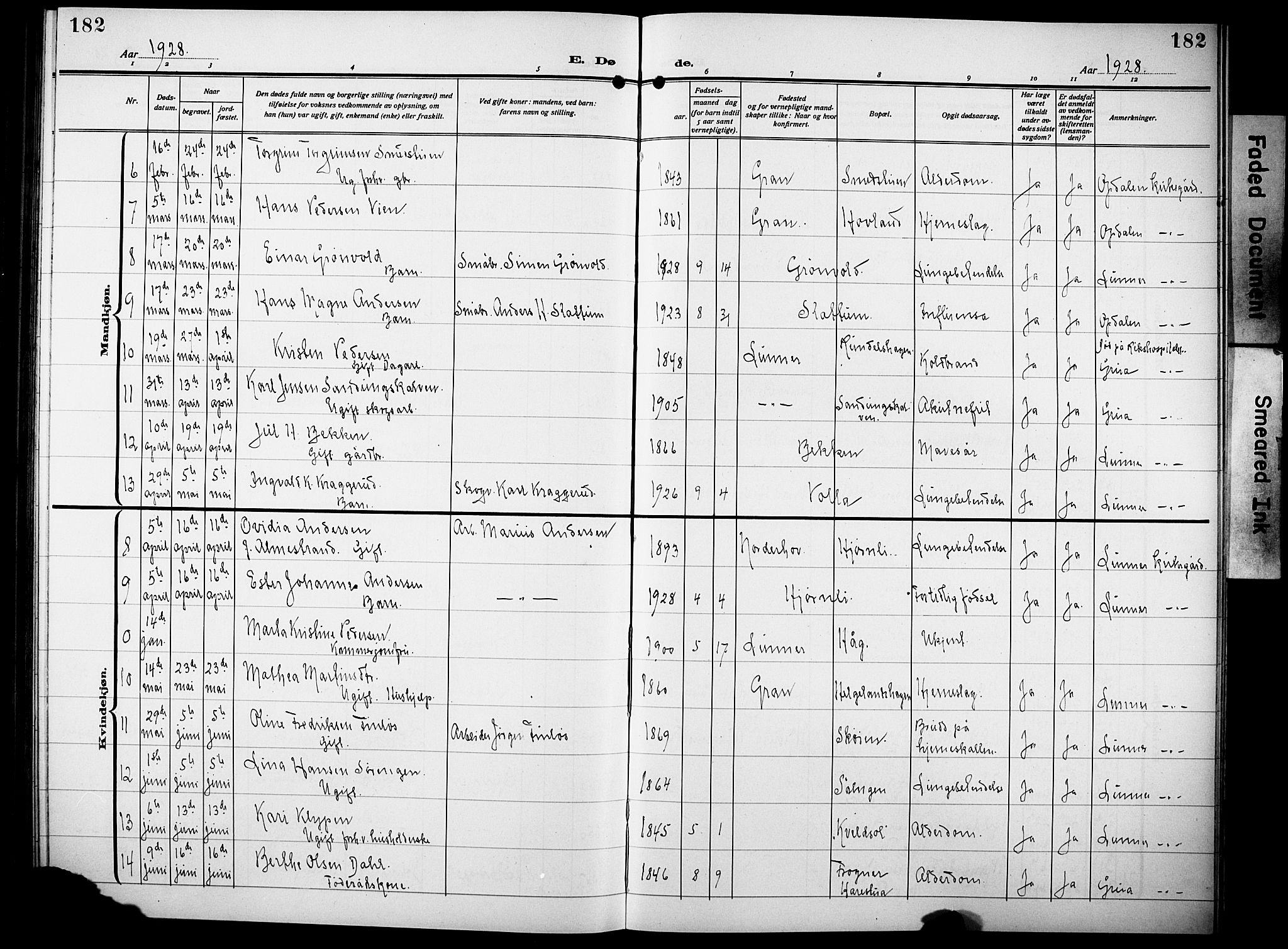 Lunner prestekontor, AV/SAH-PREST-118/H/Ha/Hab/L0002: Klokkerbok nr. 2, 1923-1933, s. 182