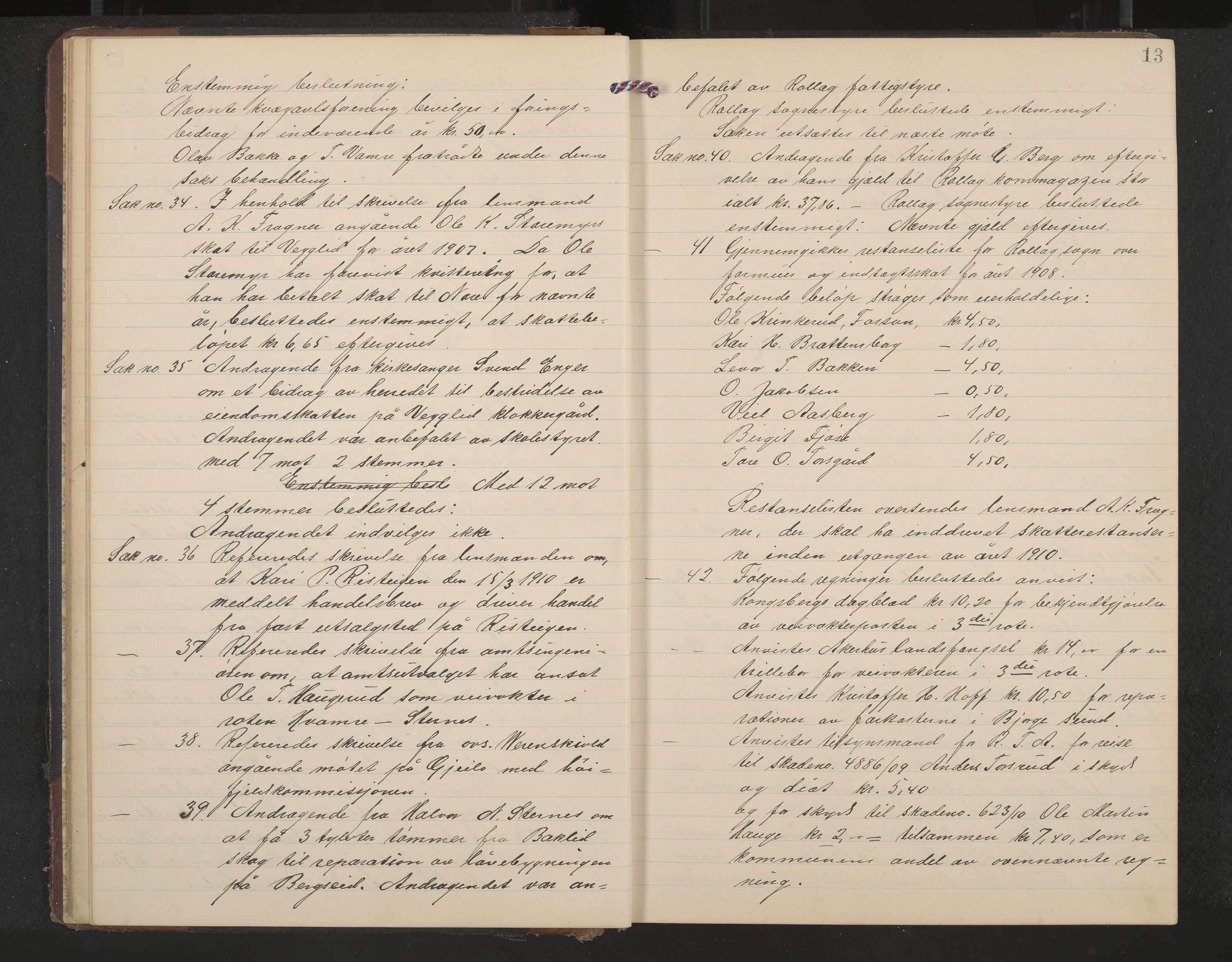 Rollag formannskap og sentraladministrasjon, IKAK/0632021-2/A/Aa/L0005: Møtebok, 1909-1915, s. 13