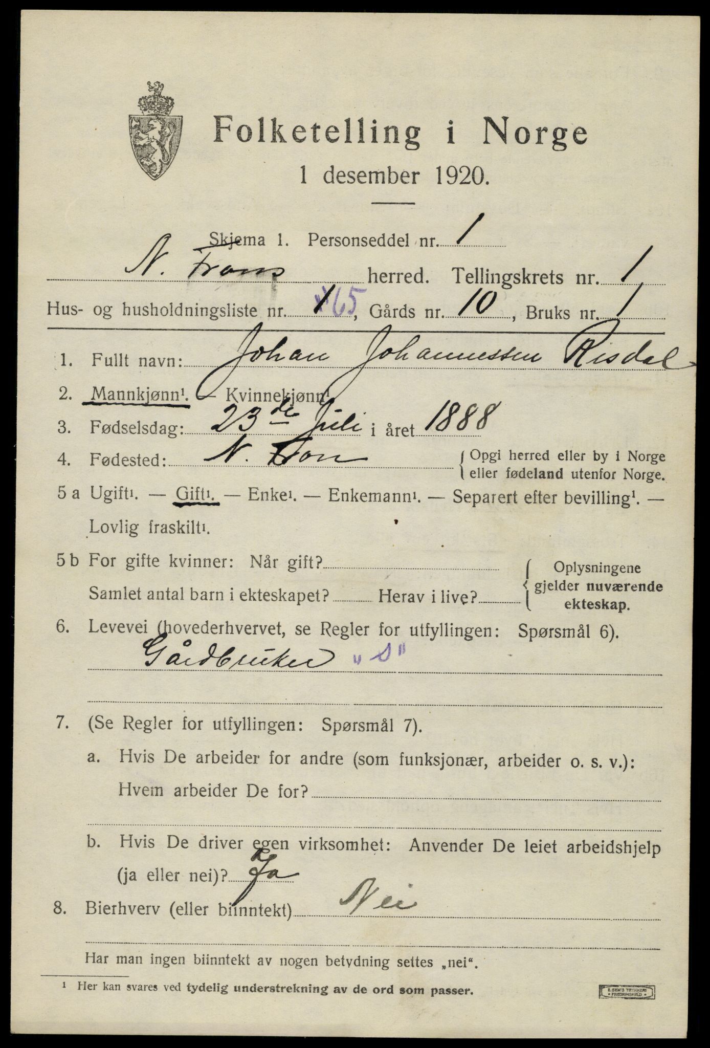 SAH, Folketelling 1920 for 0518 Nord-Fron herred, 1920, s. 2384