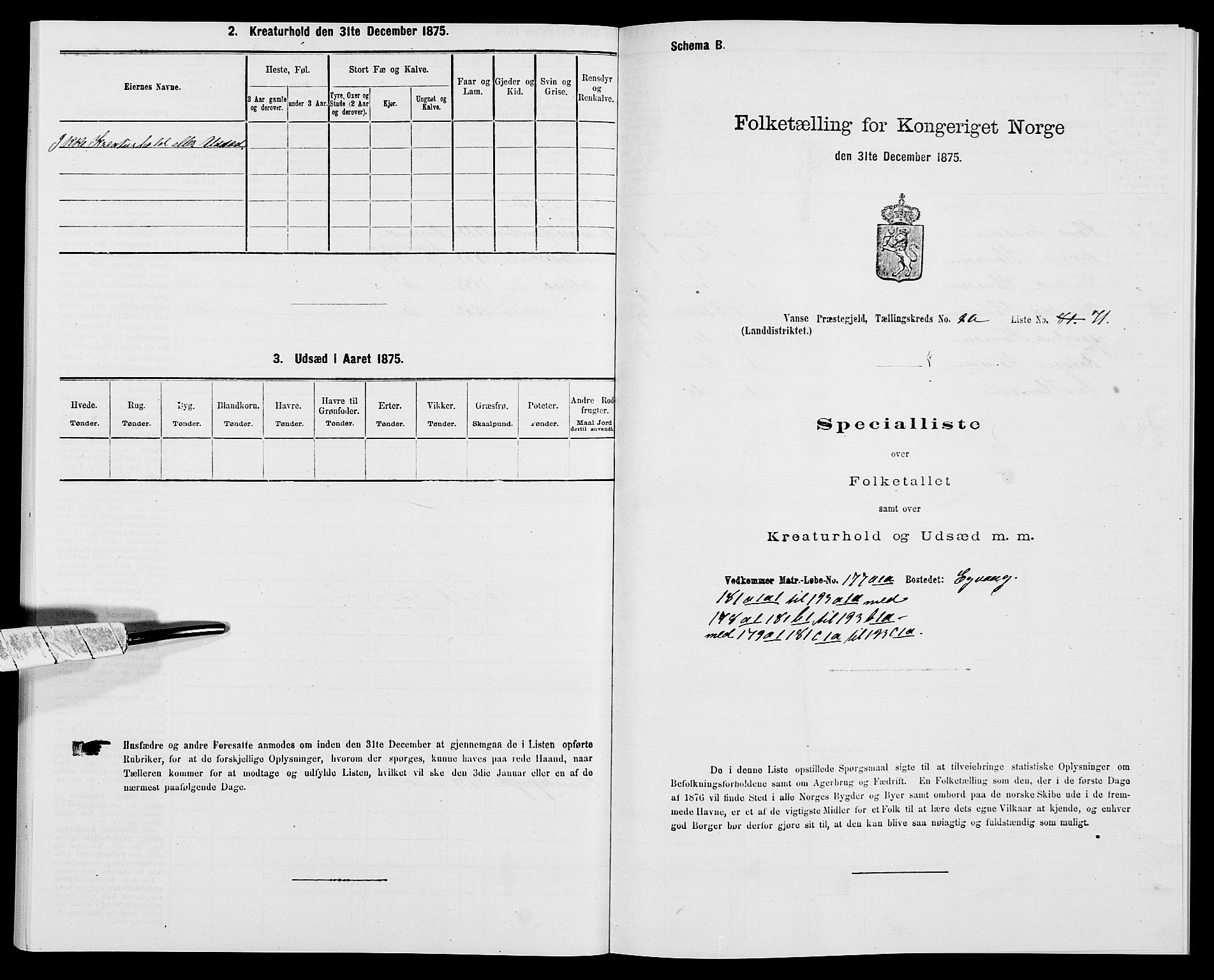 SAK, Folketelling 1875 for 1041L Vanse prestegjeld, Vanse sokn og Farsund landsokn, 1875, s. 442