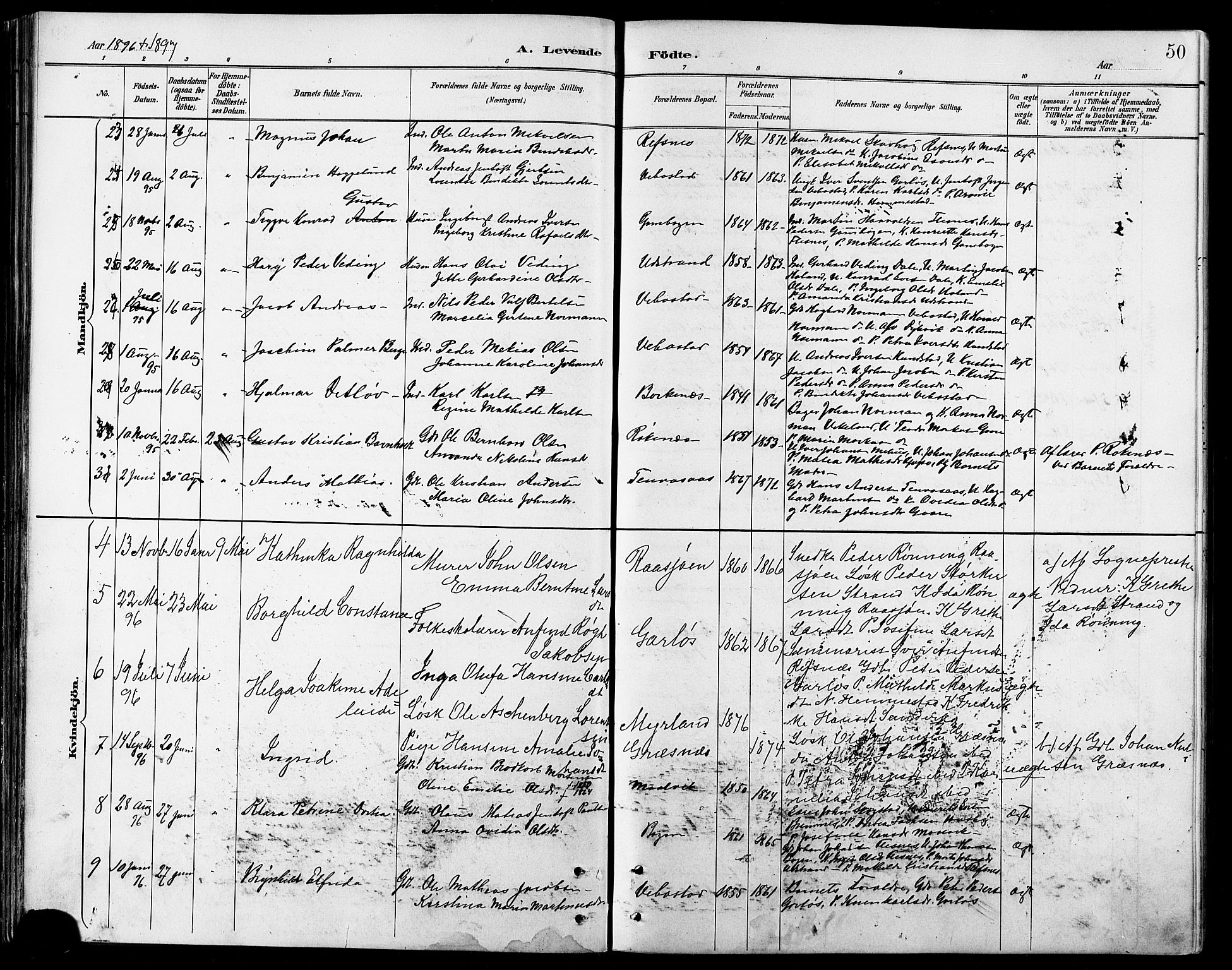 Kvæfjord sokneprestkontor, AV/SATØ-S-1323/G/Ga/Gab/L0005klokker: Klokkerbok nr. 5, 1886-1911, s. 50