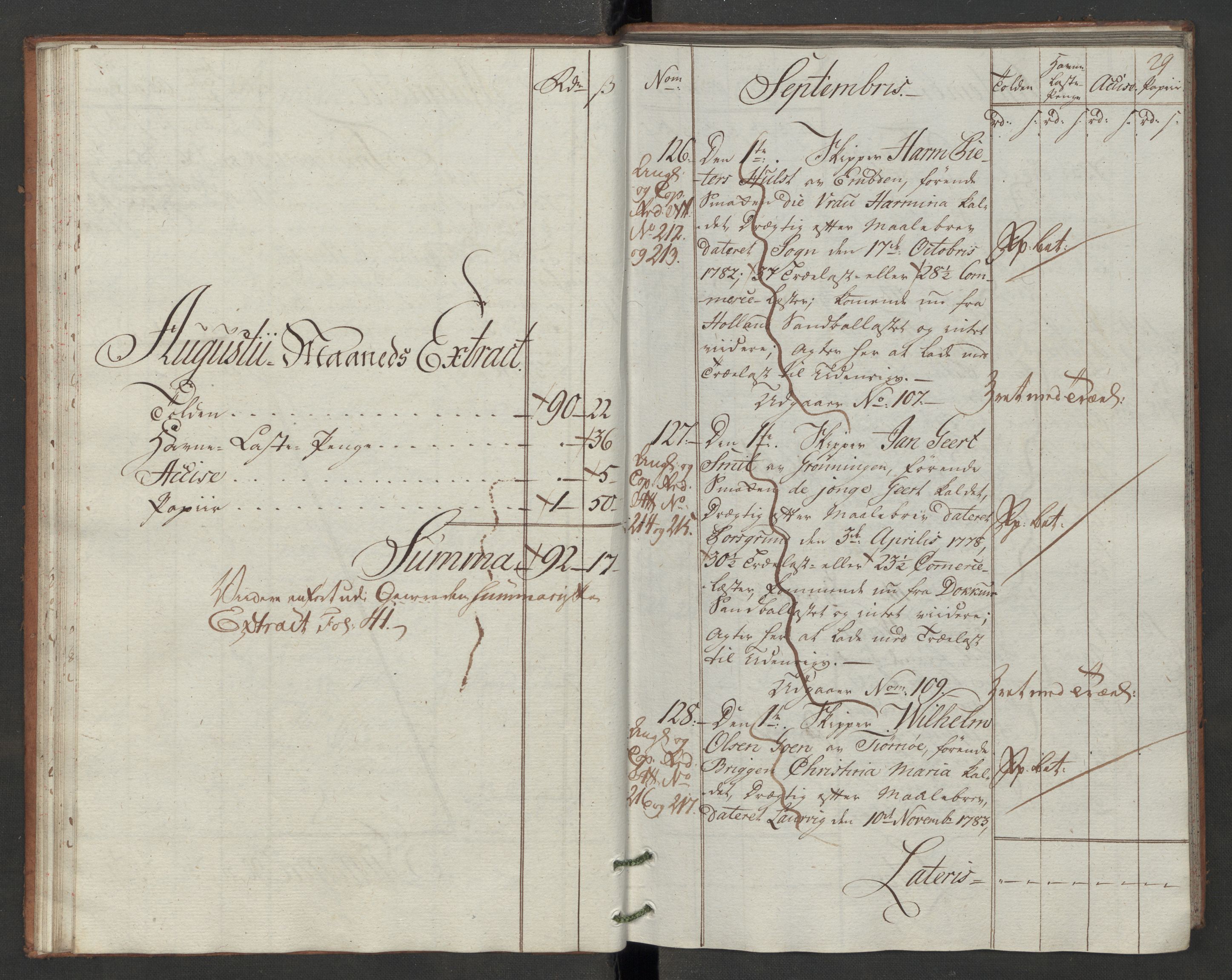 Generaltollkammeret, tollregnskaper, AV/RA-EA-5490/R07/L0046/0001: Tollregnskaper Sand / Inngående hovedtollbok, 1786, s. 28b-29a