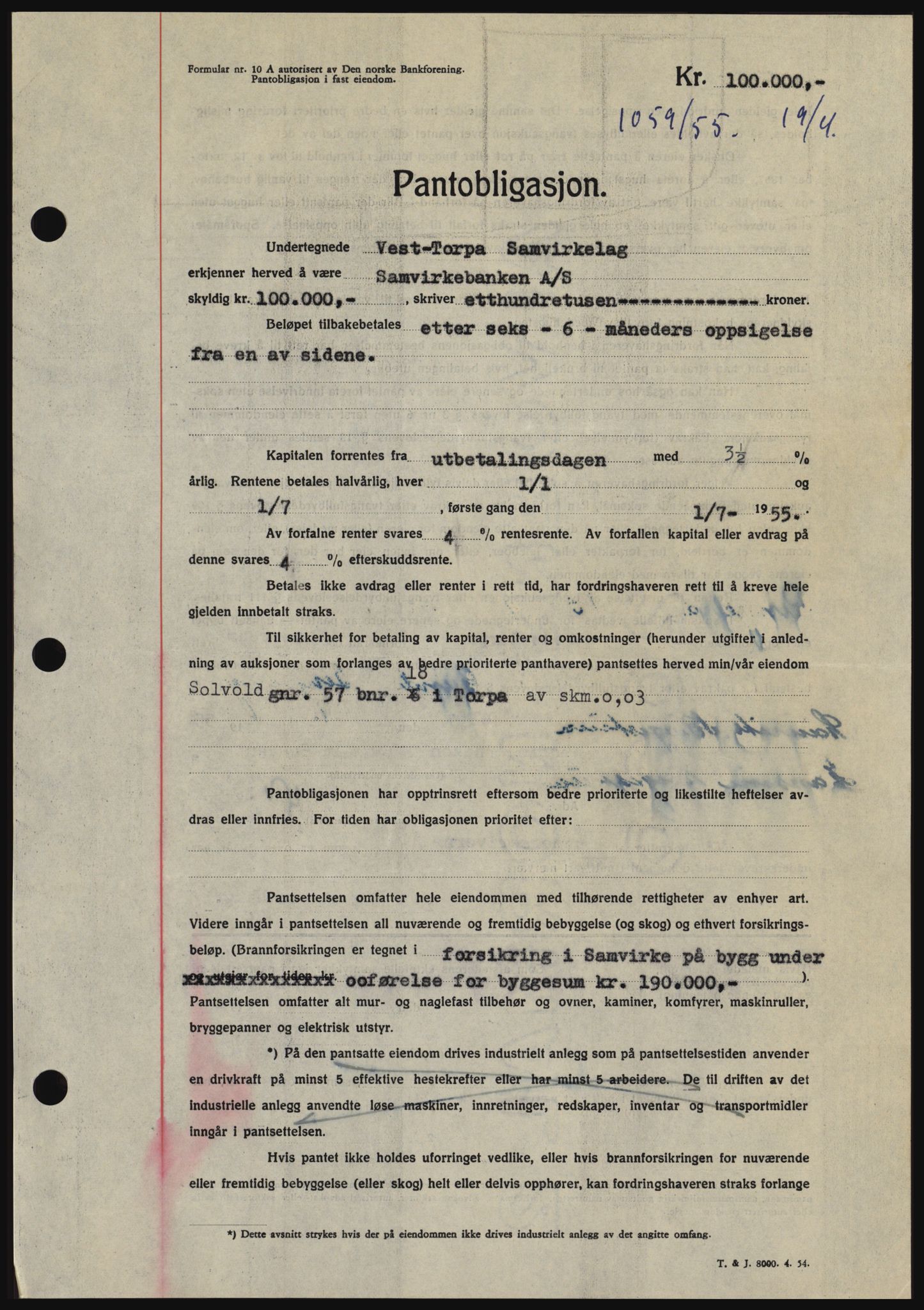 Hadeland og Land tingrett, SAH/TING-010/H/Hb/Hbc/L0032: Pantebok nr. B32, 1955-1955, Dagboknr: 1059/1955