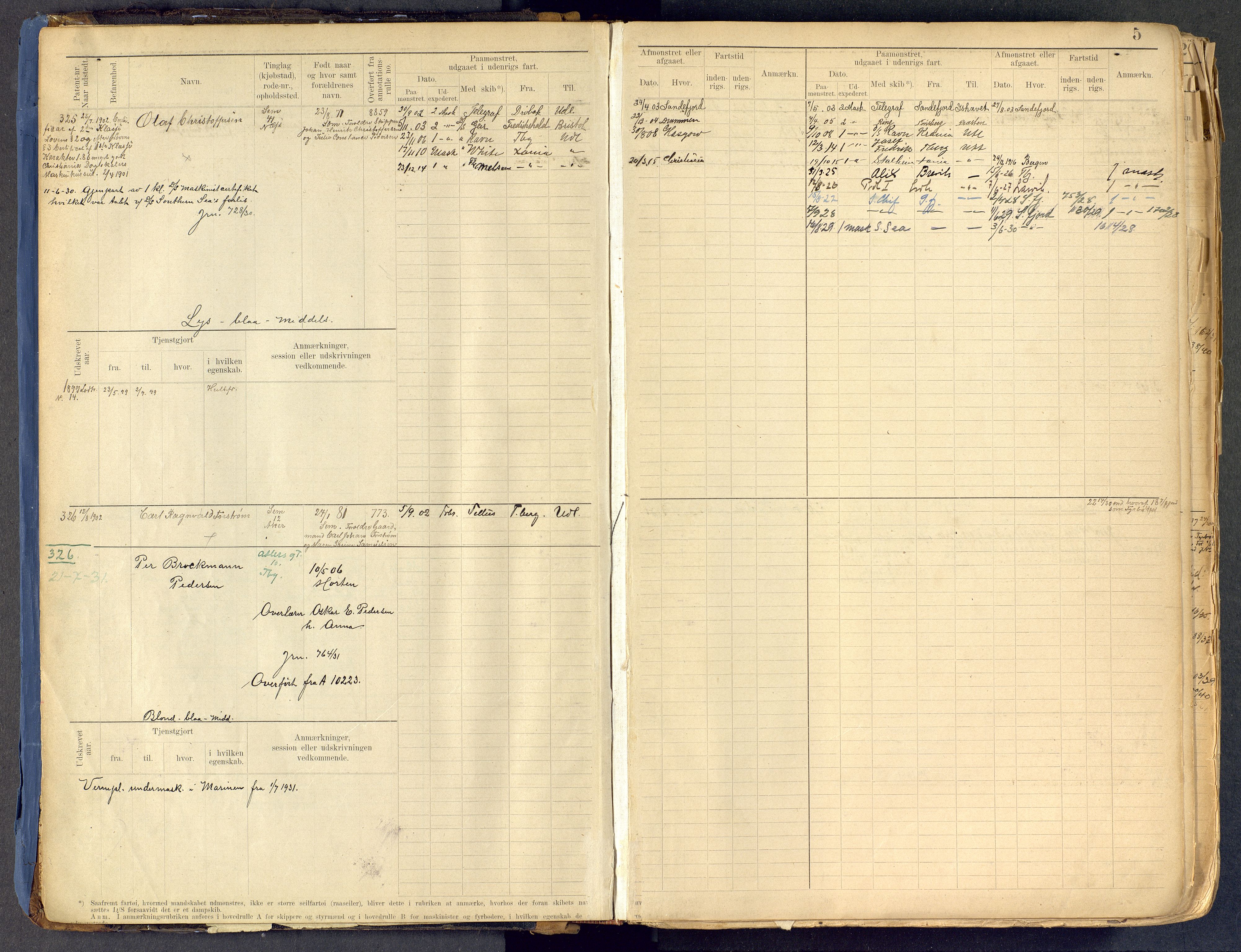 Tønsberg innrulleringskontor, AV/SAKO-A-786/F/Fe/L0002: Maskinist- og fyrbøterrulle Patent nr. 315-1110, 1902-1924, s. 5