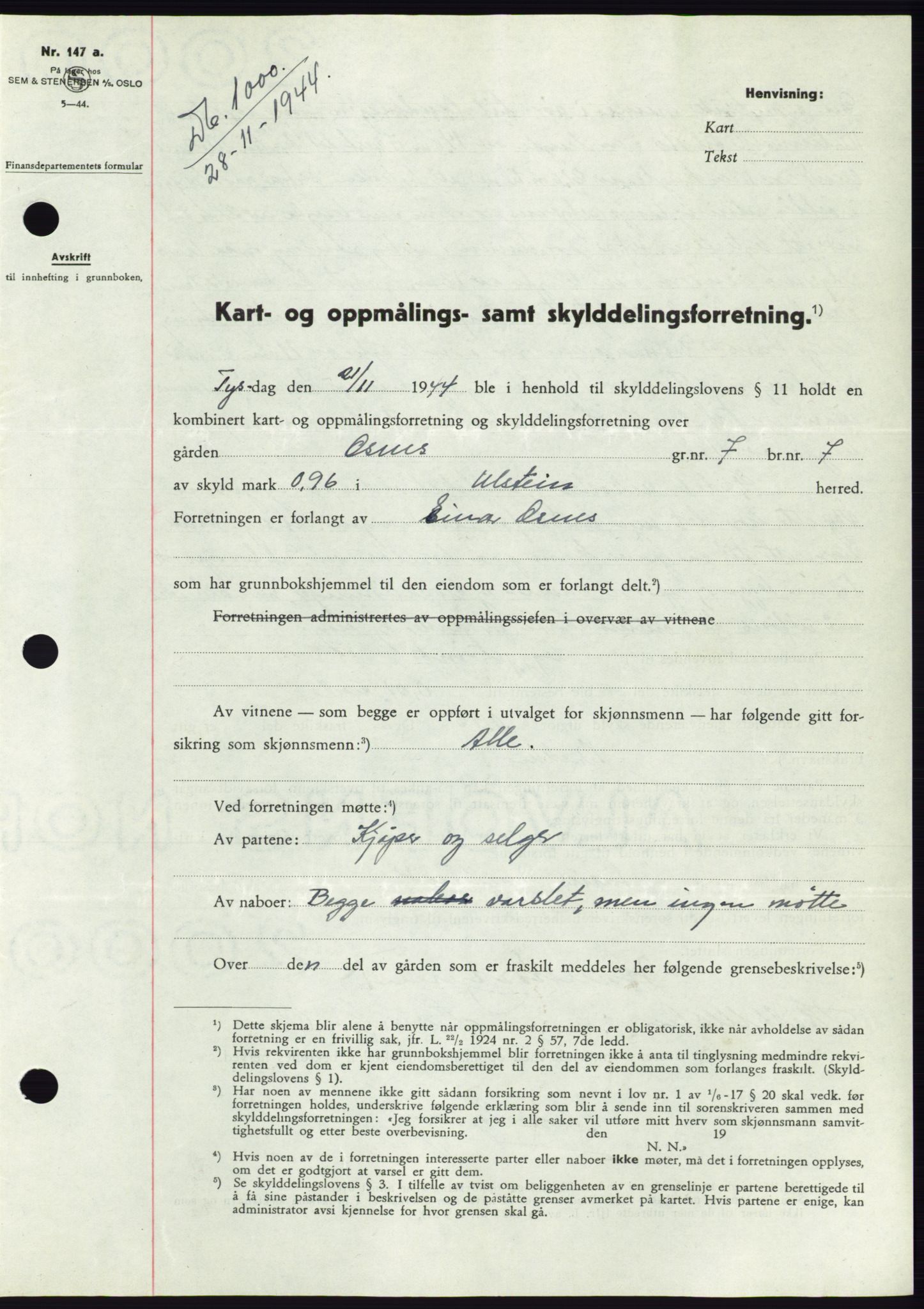 Søre Sunnmøre sorenskriveri, SAT/A-4122/1/2/2C/L0076: Pantebok nr. 2A, 1943-1944, Dagboknr: 1000/1944