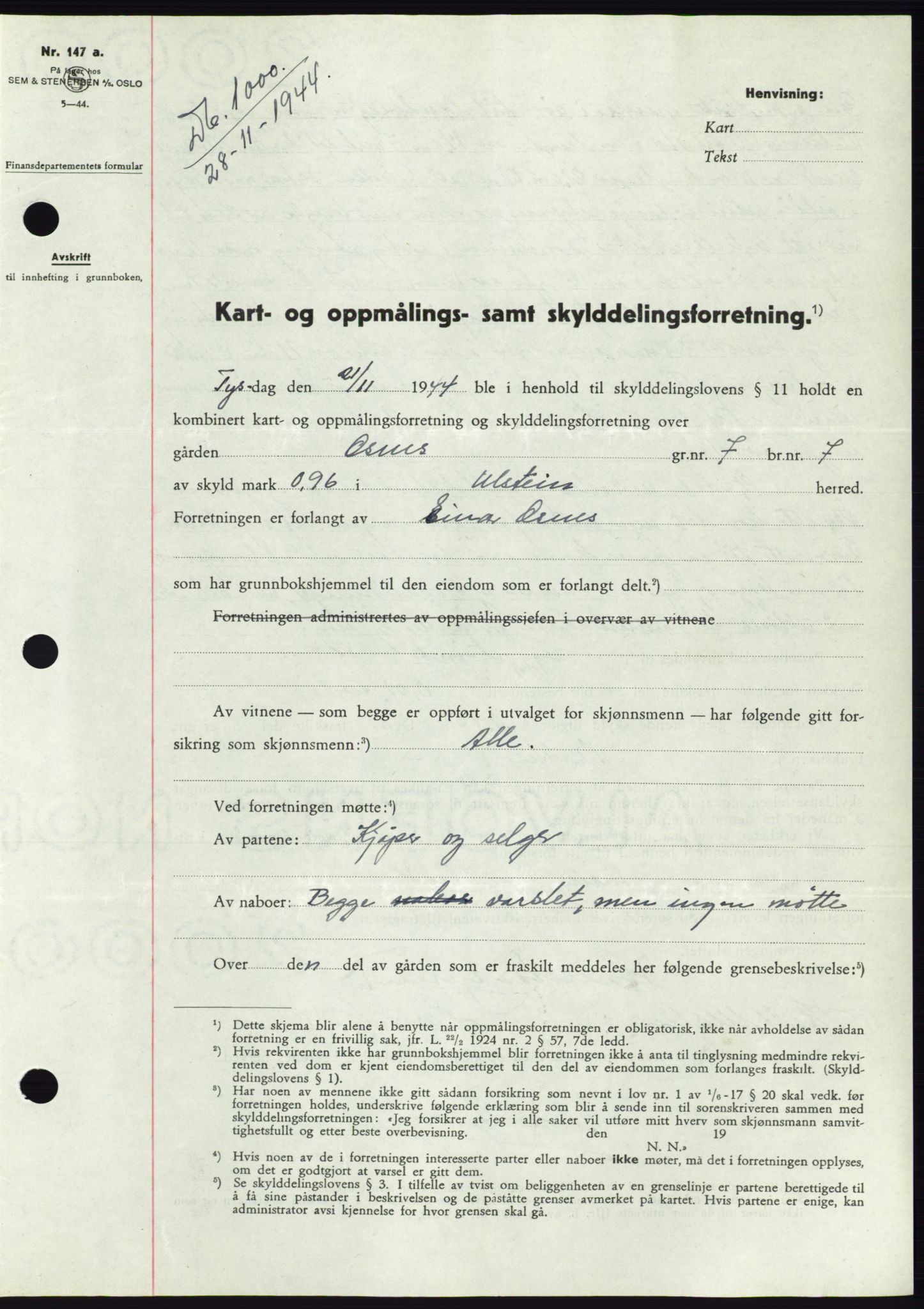 Søre Sunnmøre sorenskriveri, AV/SAT-A-4122/1/2/2C/L0076: Pantebok nr. 2A, 1943-1944, Dagboknr: 1000/1944