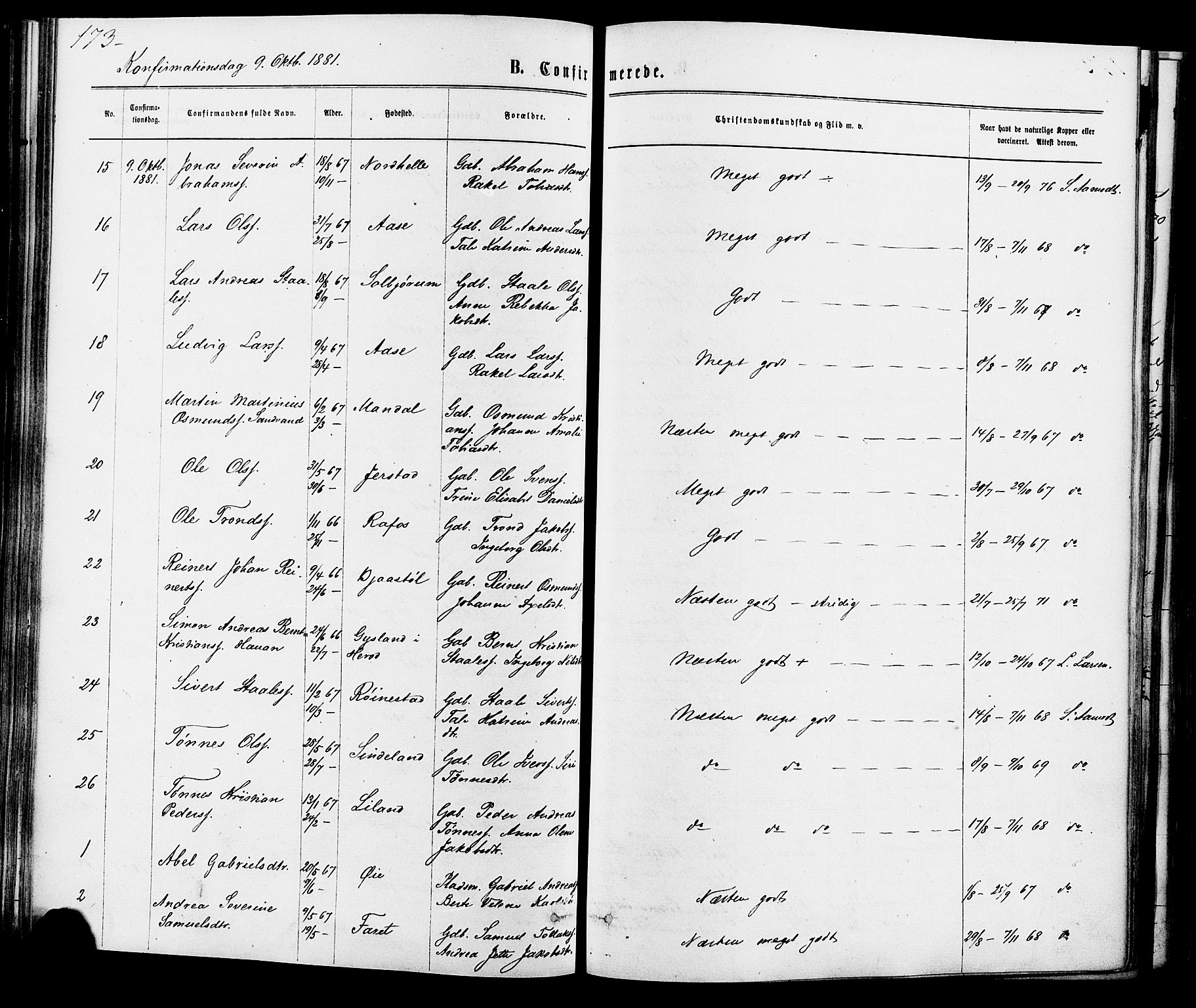 Kvinesdal sokneprestkontor, SAK/1111-0026/F/Fa/Fab/L0007: Ministerialbok nr. A 7, 1870-1885, s. 173