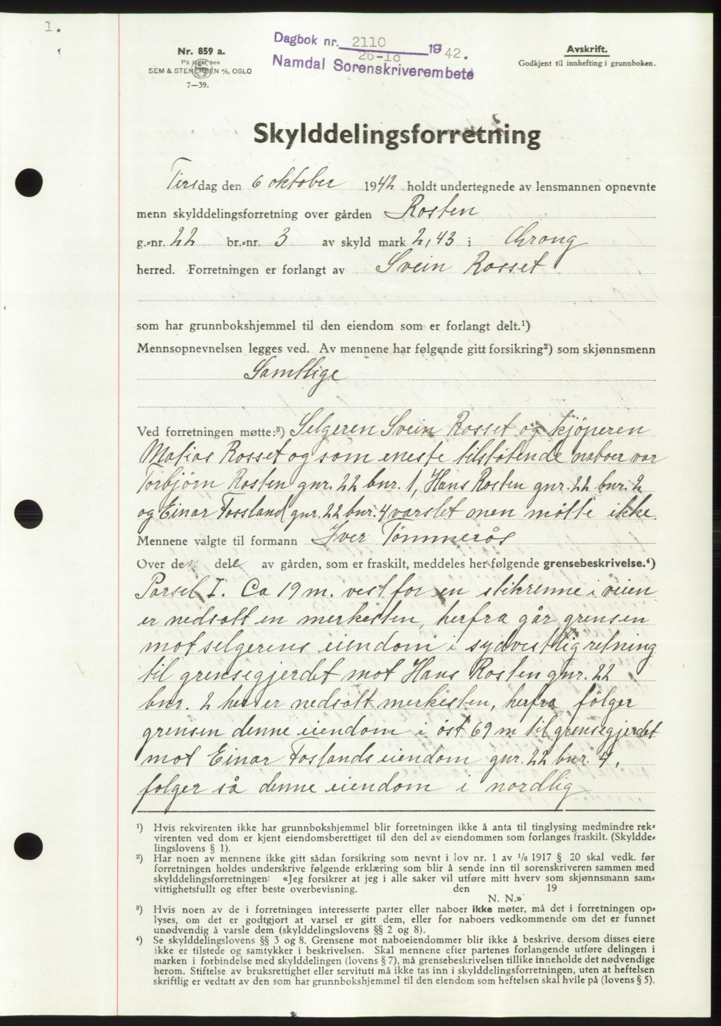 Namdal sorenskriveri, SAT/A-4133/1/2/2C: Pantebok nr. -, 1942-1943, Dagboknr: 2110/1942