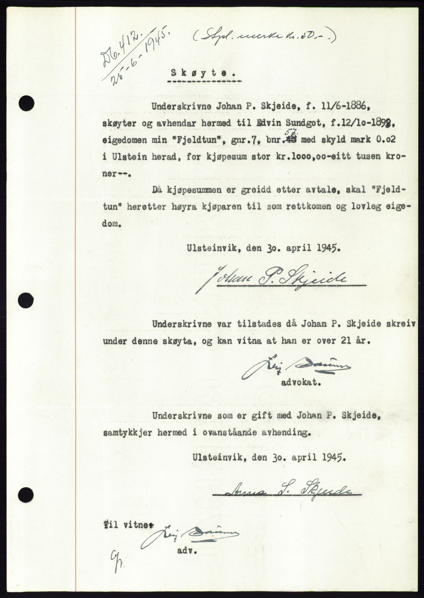 Søre Sunnmøre sorenskriveri, SAT/A-4122/1/2/2C/L0077: Pantebok nr. 3A, 1945-1946, Dagboknr: 412/1945