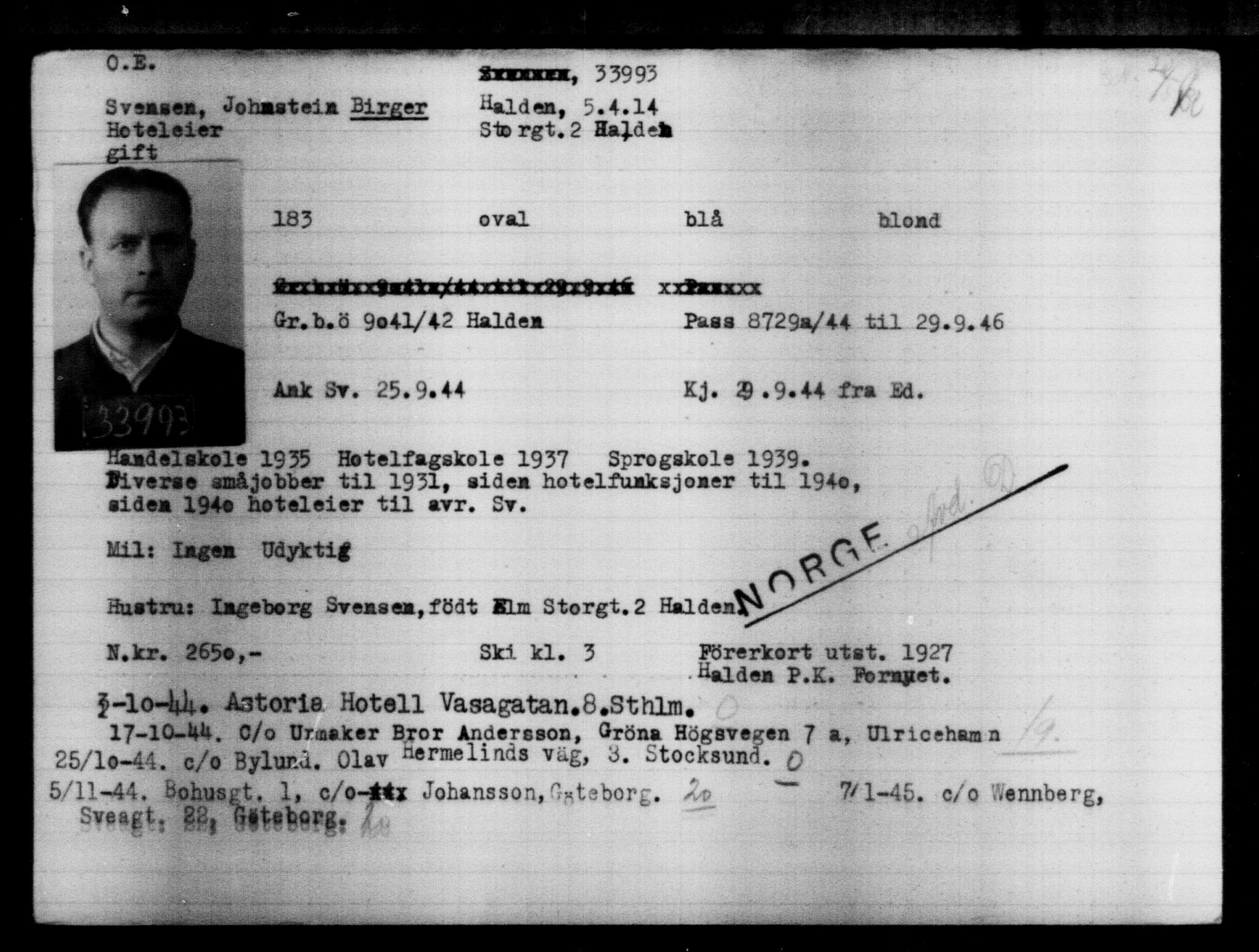 Utenriksstasjonene, Legasjonen i Stockholm, Flyktningkontoret, AV/RA-S-6753/V/Va/L0013: Kjesäterkartoteket, flyktninger med registreringsnr. 31500-34731, 1940-1945, s. 2633