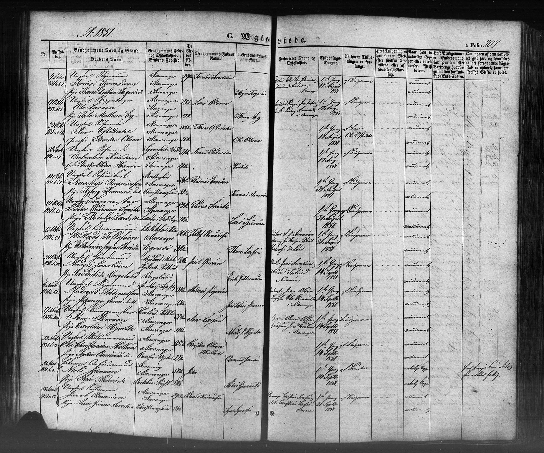 Domkirken sokneprestkontor, AV/SAST-A-101812/001/30/30BB/L0009: Klokkerbok nr. B 9, 1850-1858, s. 207