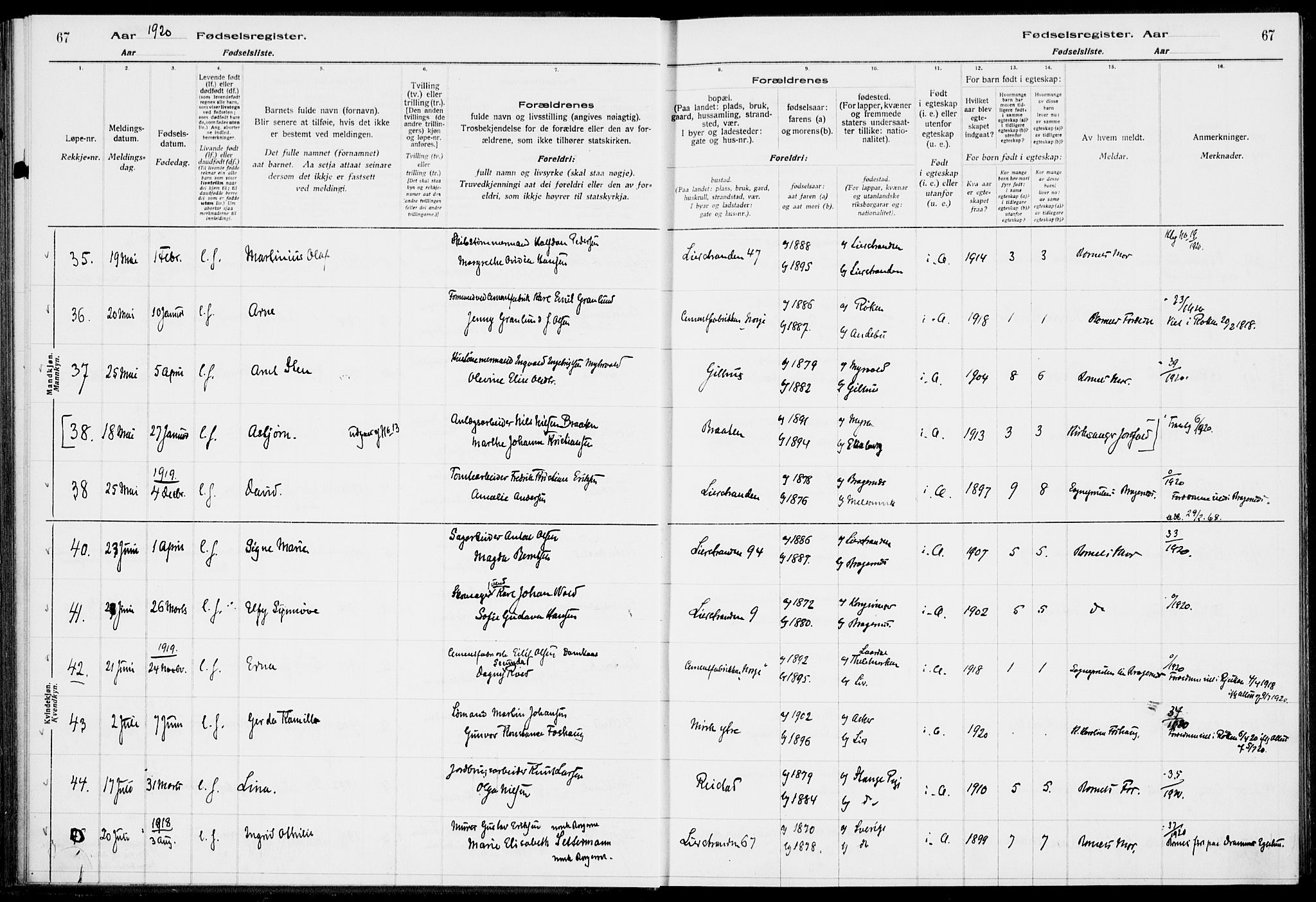 Lier kirkebøker, AV/SAKO-A-230/J/Ja/L0001: Fødselsregister nr. 1, 1916-1928, s. 67