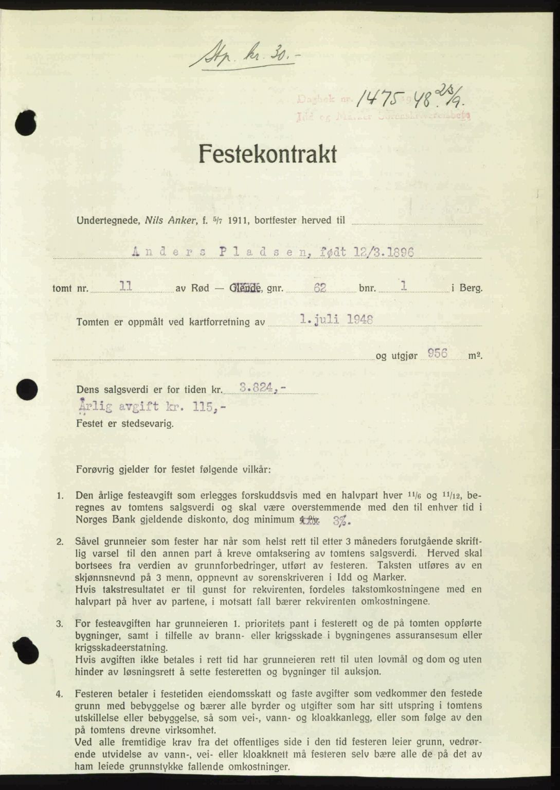 Idd og Marker sorenskriveri, SAO/A-10283/G/Gb/Gbb/L0011: Pantebok nr. A11, 1948-1949, Dagboknr: 1475/1948