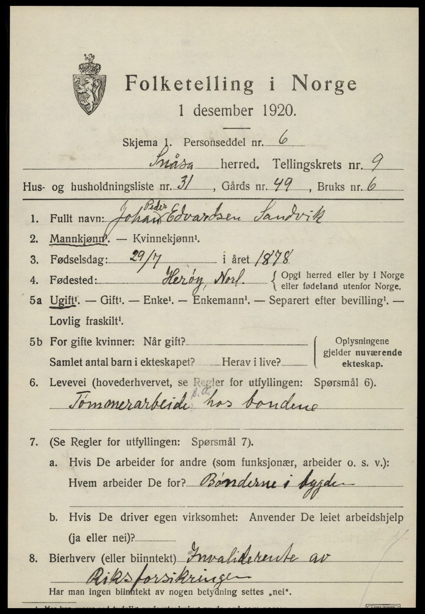 SAT, Folketelling 1920 for 1736 Snåsa herred, 1920, s. 4006